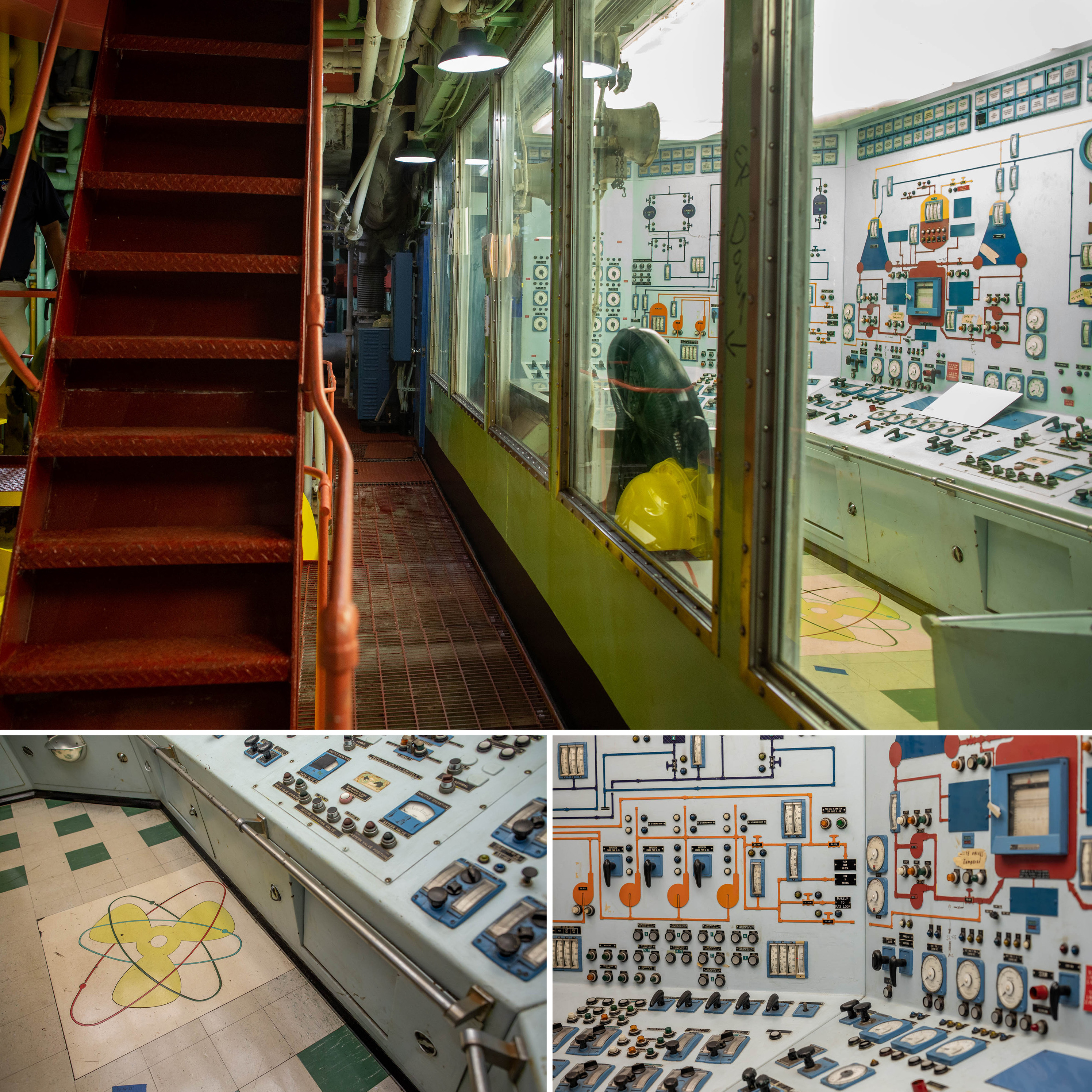 Step inside the world's only nuclear-powered passenger ship — built in 1959 11 The ship's reactor control room sits next to the turbines that the nuclear reactor powers (top). An atomic motif adorns the floor (bottom left) where engineers stood watch and controlled the reactor using the panels (bottom right).