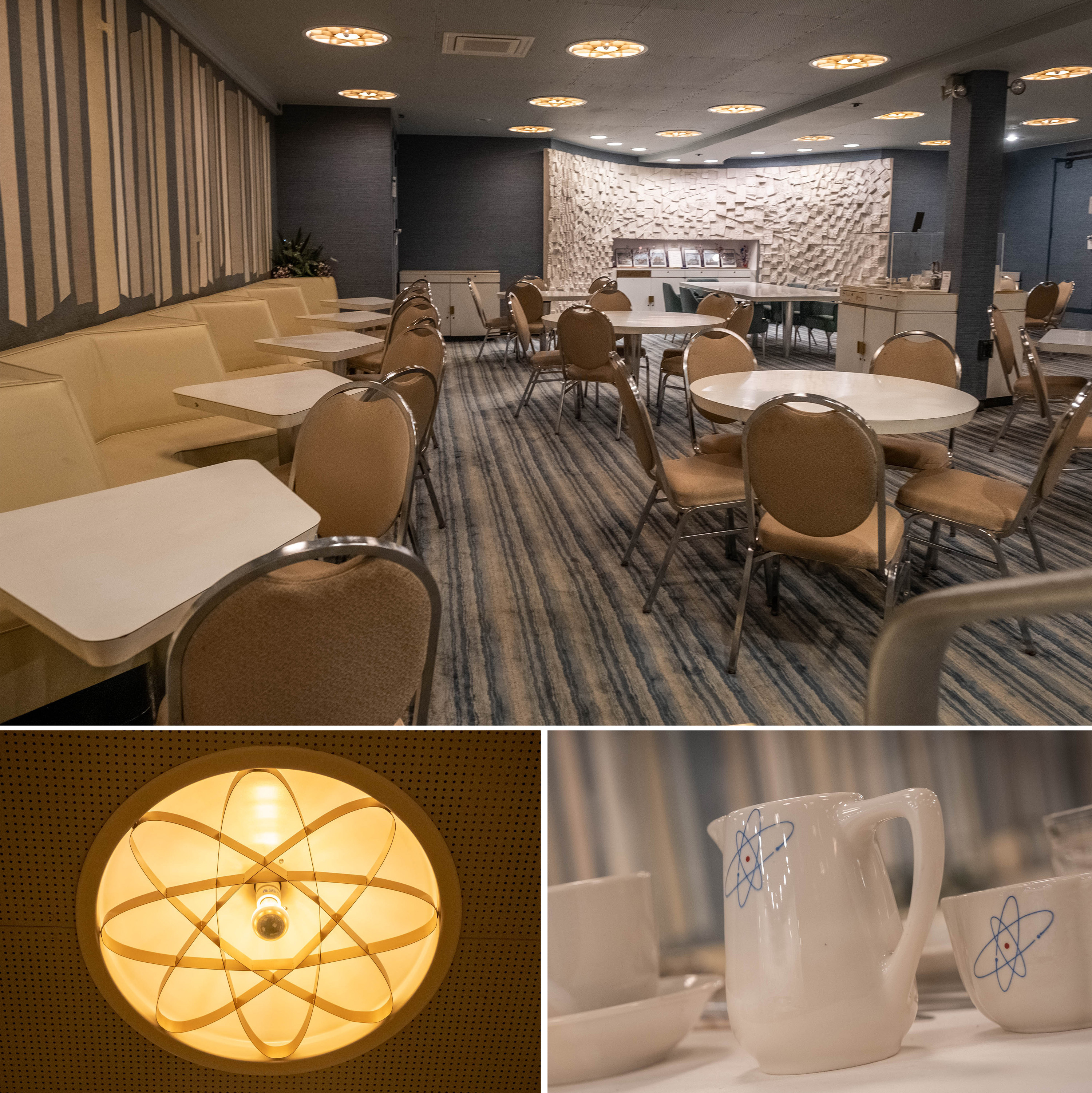 Step inside the world's only nuclear-powered passenger ship — built in 1959 7 The Savannah's dining room (top) could serve passengers or visitors to the ship. It featured atomic light fixtures (bottom left) and atom-themed dinnerware (bottom right).