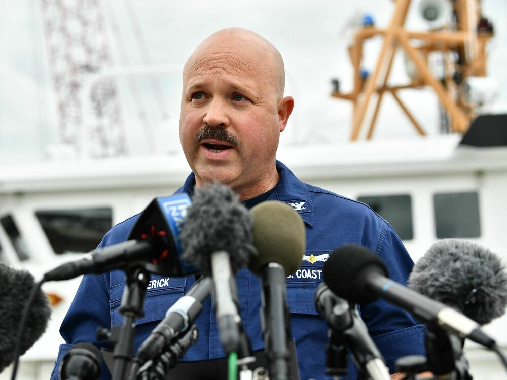 U.S. Coast Guard Capt. Jamie Frederick speaks during a press conference about the search efforts for the submersible that went missing near the wreck of the Titanic in Boston on Tuesday. (AFP via Getty Images)