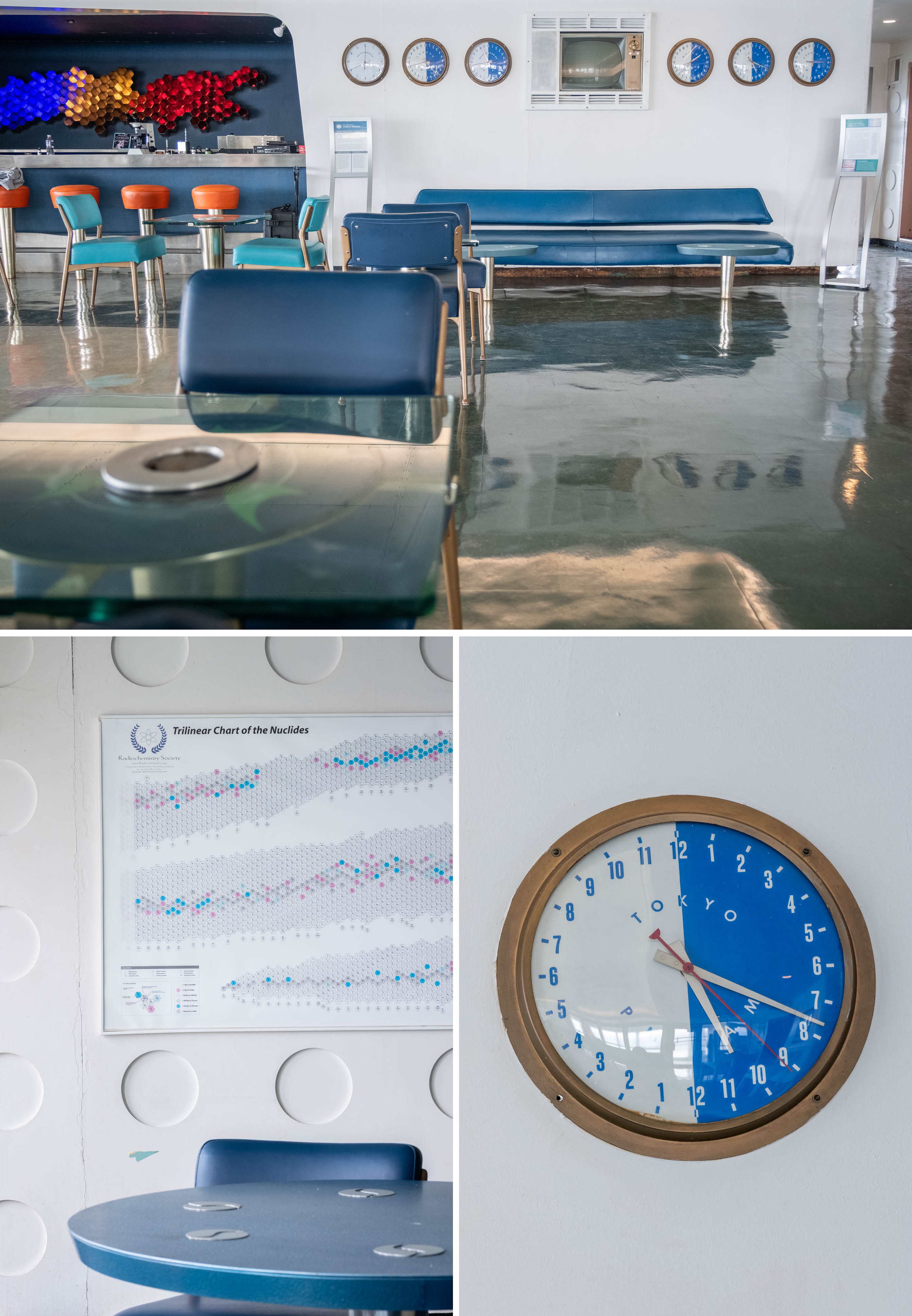 Step inside the world's only nuclear-powered passenger ship — built in 1959 4 The ship's lounge overlooked a small swimming pool and sported a bar (top). The bar's wine rack was inspired by the chart of the nuclides (bottom left). Clocks gave the time in locations around the world, a nod to the Savannah's international mission (bottom right).