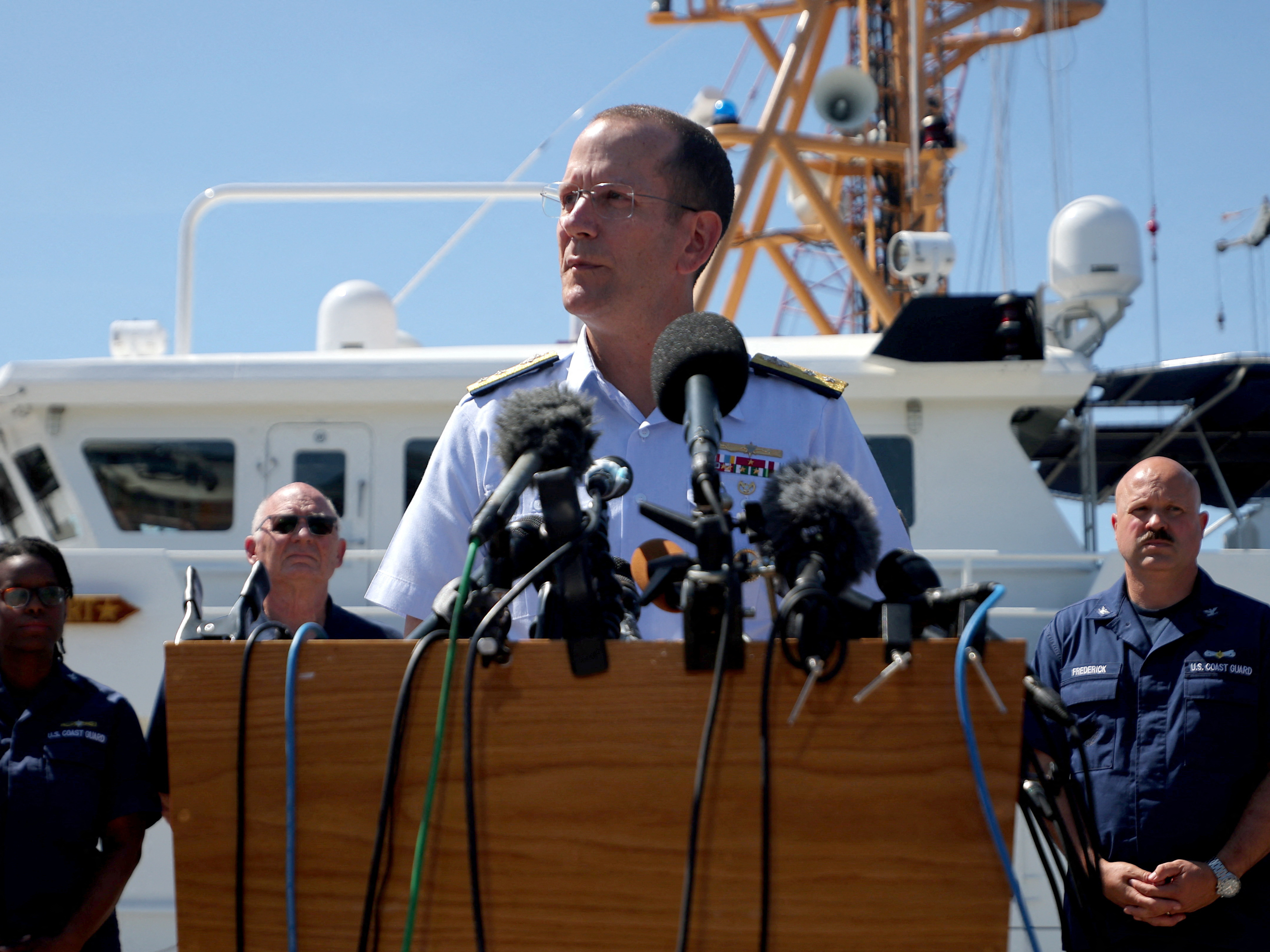 Rear Adm. John Mauger, the U.S. Coast Guard District commander, speaks during a news conference in Boston on Thursday about the search for the missing OceanGate submersible Titan. (Reuters)