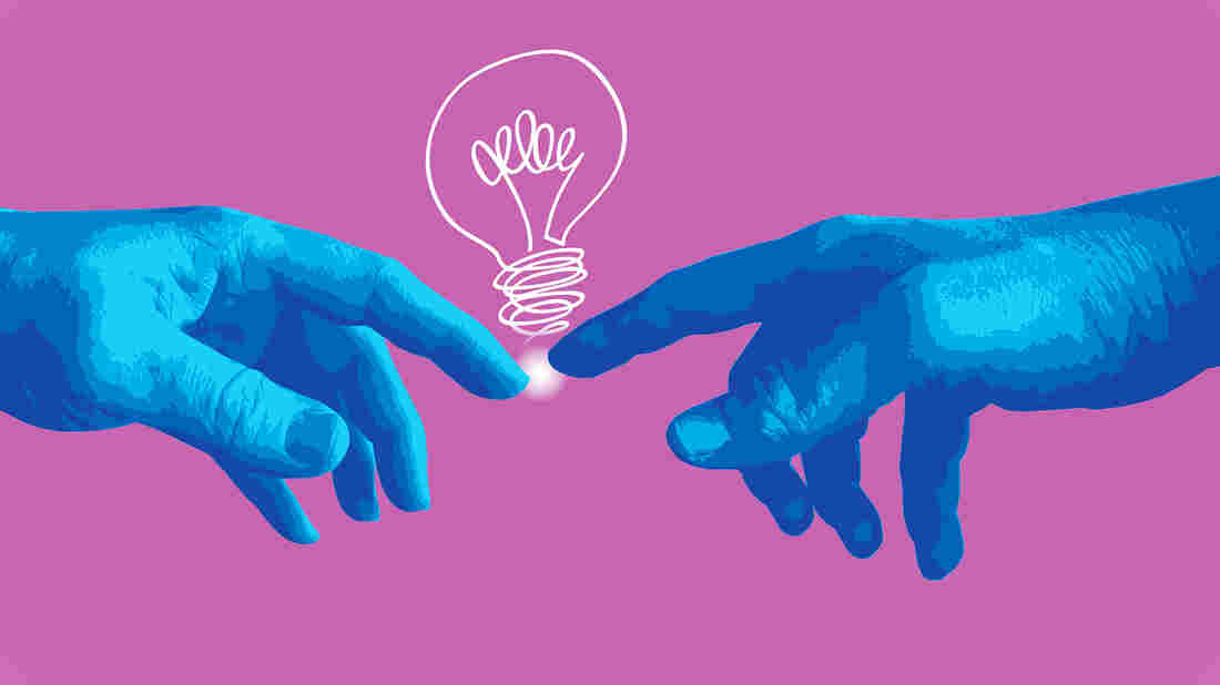 Concept of creation with the hand of Michelangelo who by pointing the finger finds an idea, symbolized by a light bulb.