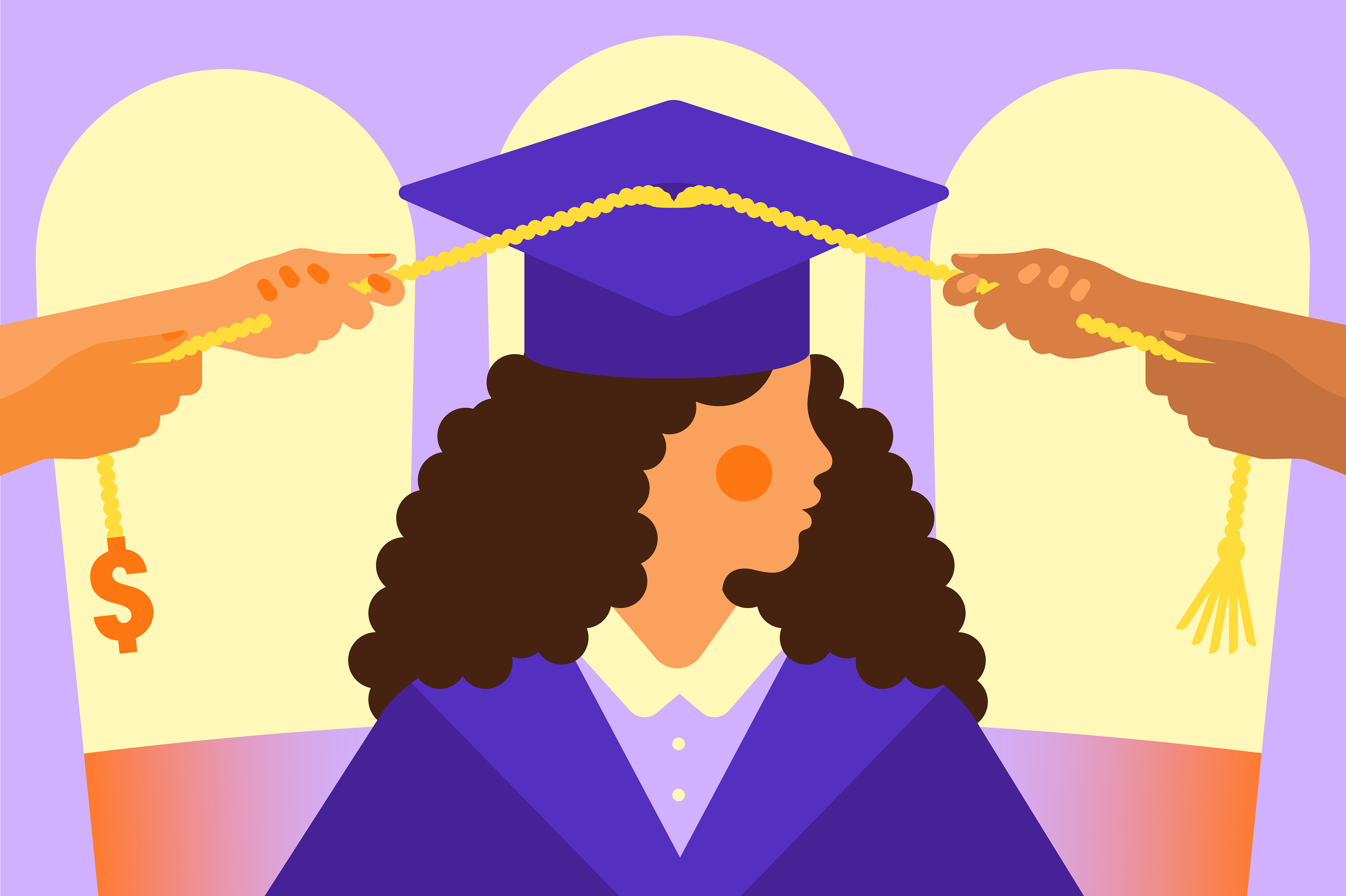 A college graduate has two people pulling on tassels connected to her graduation cap.