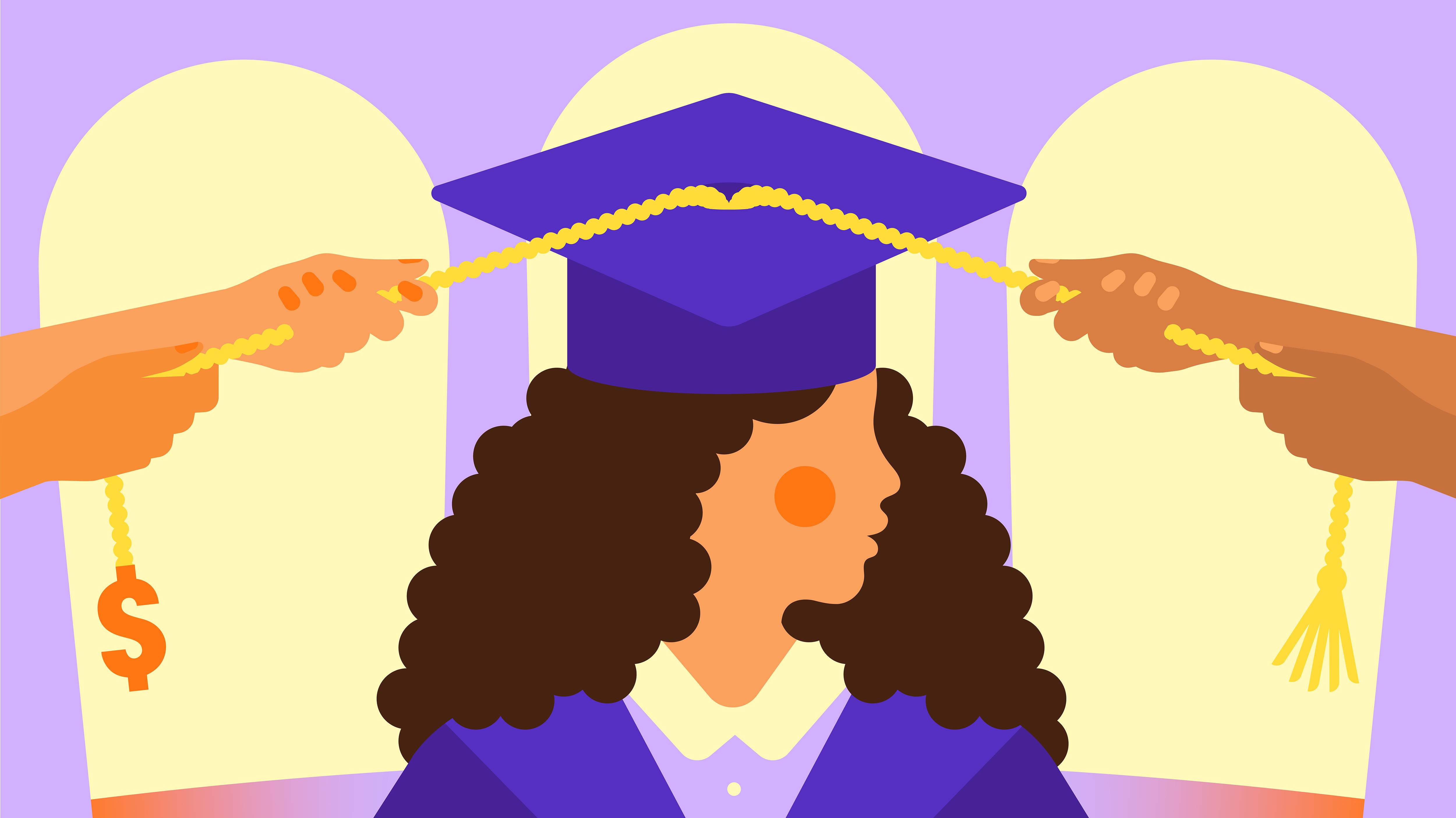 A college graduate has two people pulling on tassels connected to her graduation cap.