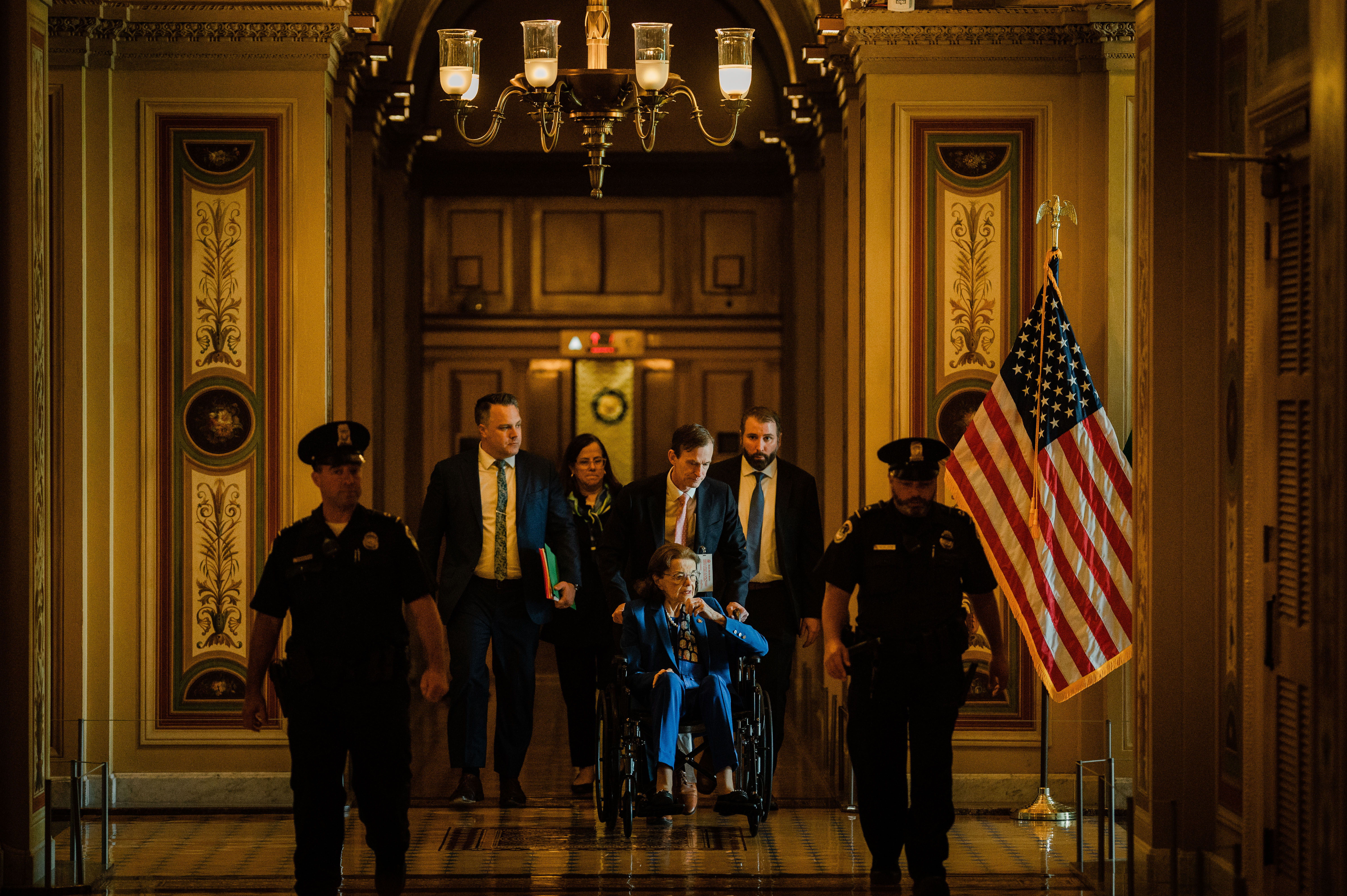 Sen. Dianne Feinstein, D-Calif., departs from the U.S. Capitol following a vote, on May 11, as she returned to Washington, D.C., after having being absent from the Senate for months due to illness. (Los Angeles Times via Getty Imag)