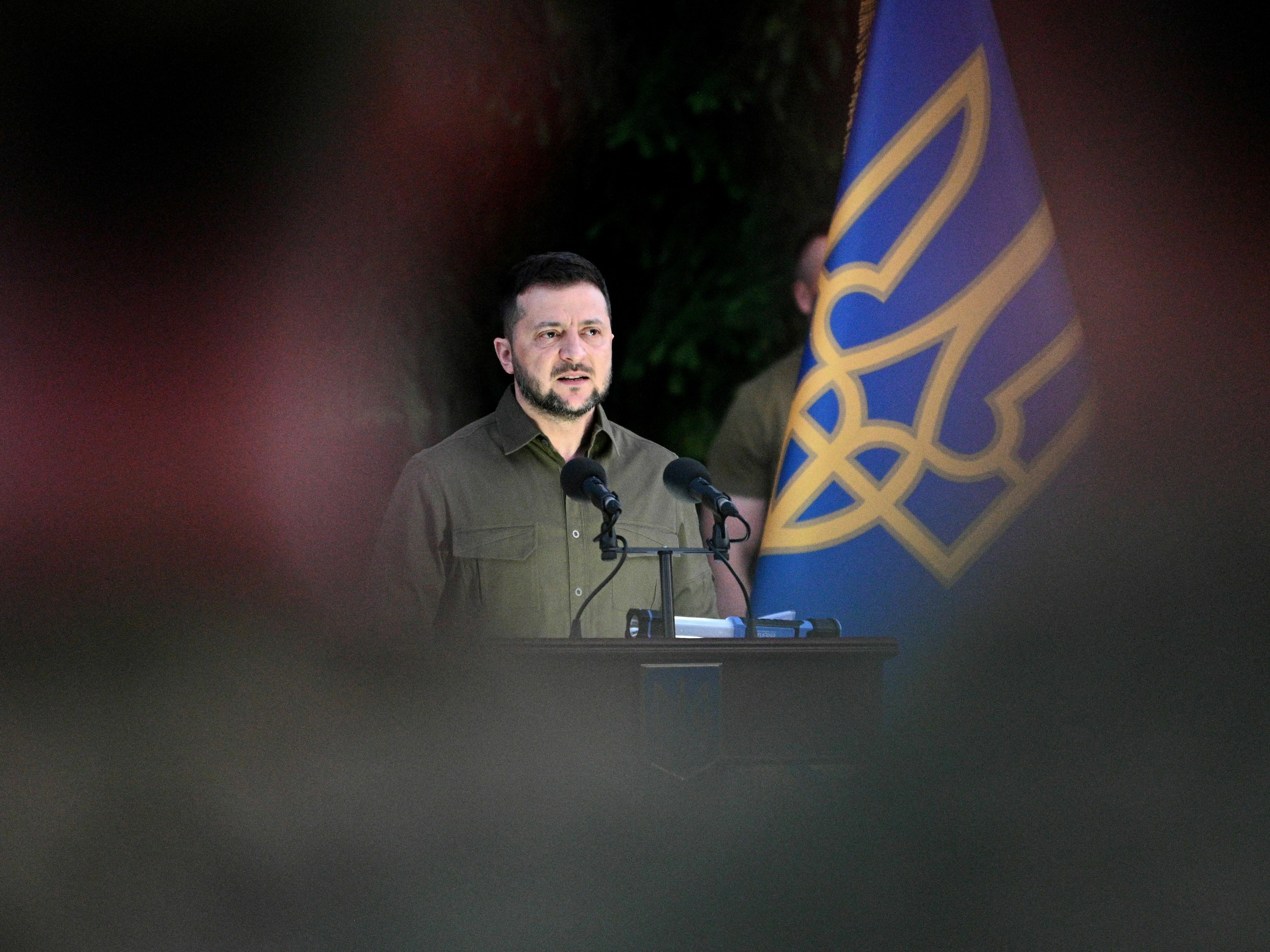 Ukrainian President Volodymyr Zelensky speaks at an event in Lviv, Ukraine on Saturday.