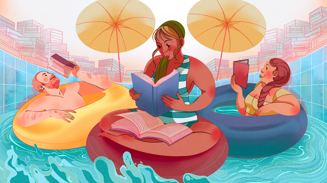 A colorful illustration of three people reading books while floating in innertubes.