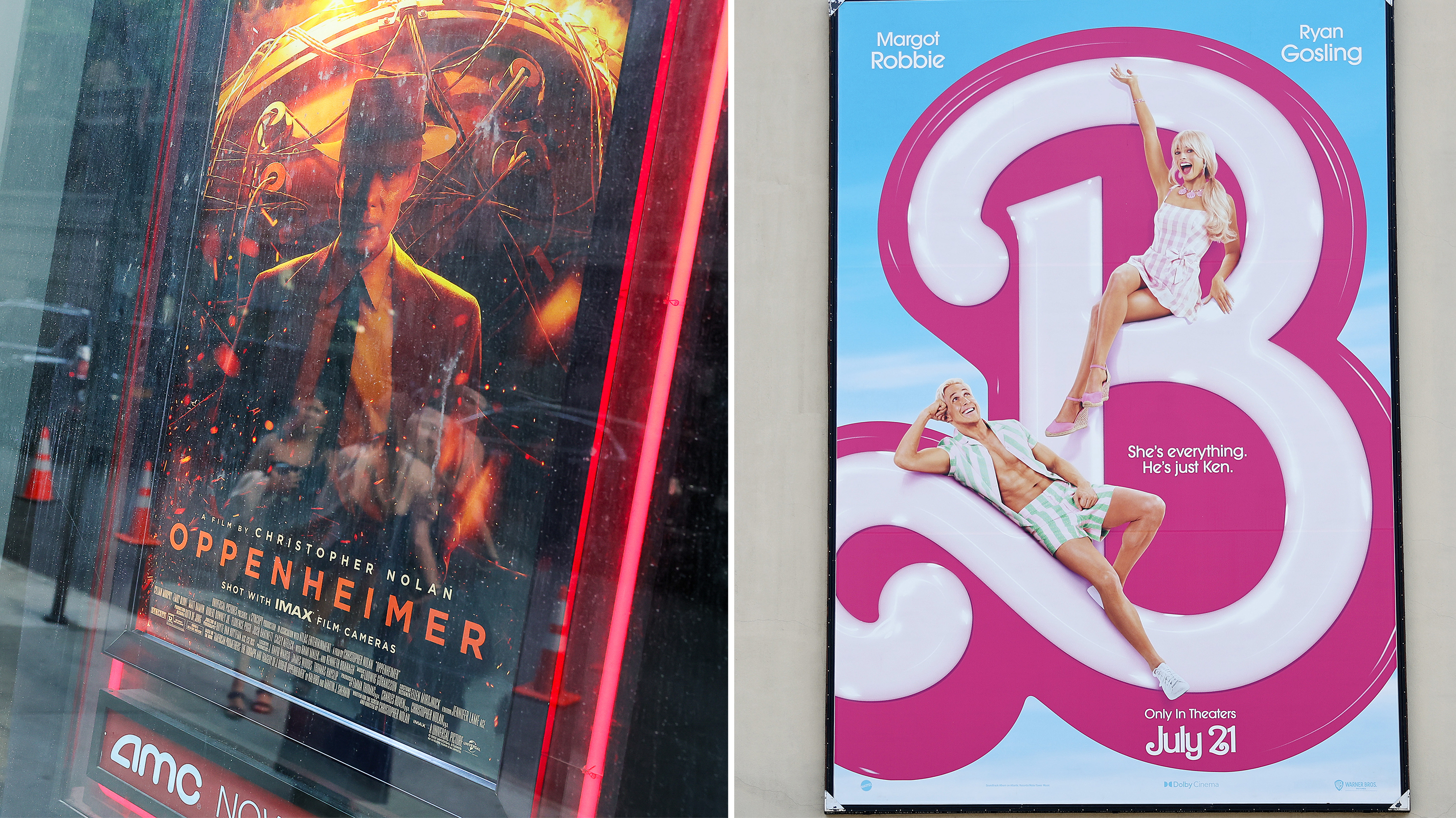 Posters advertise Oppenheimer and Barbie in New York and California, respectively. They both hit theaters nationwide on Friday.