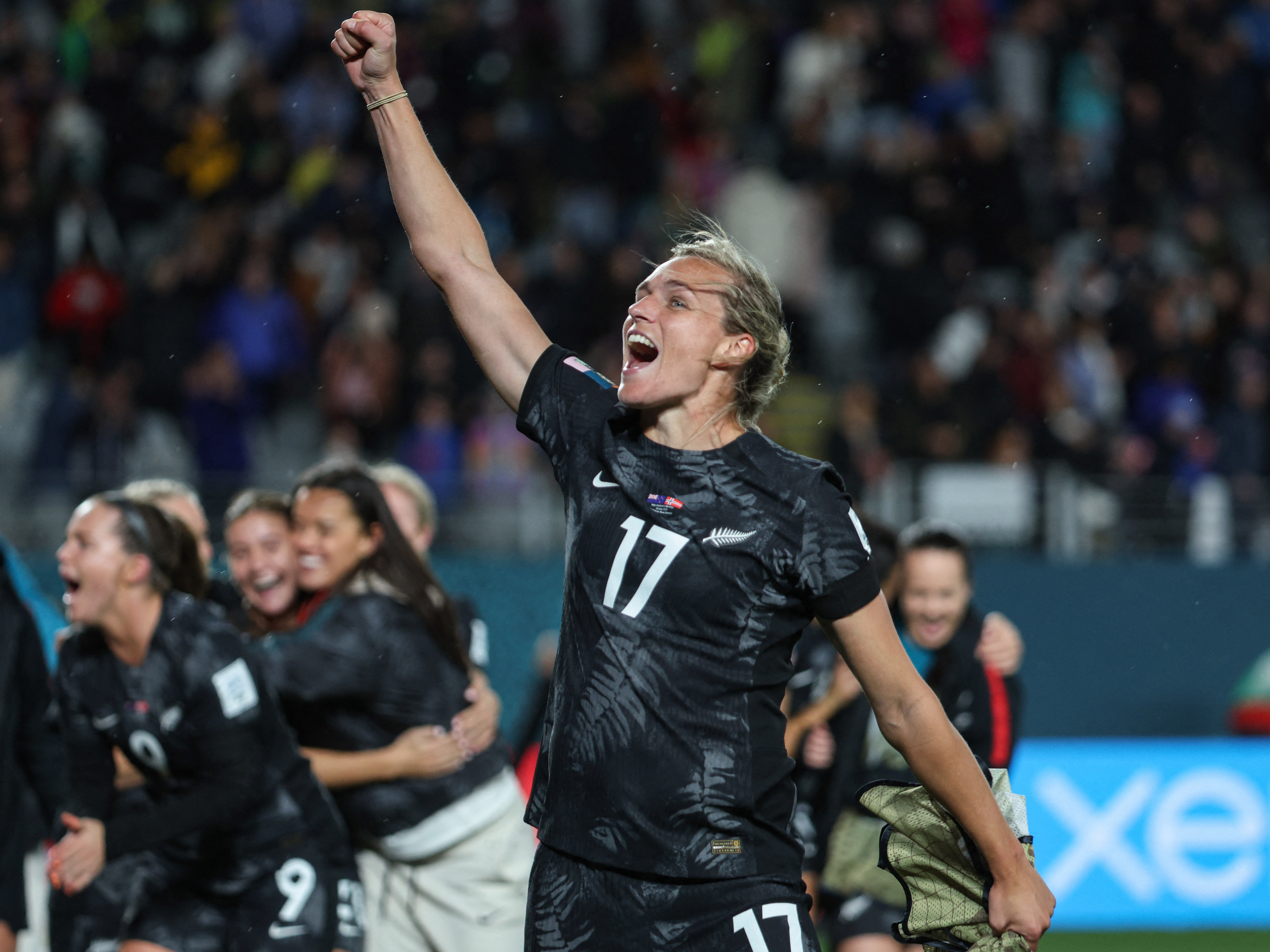 New Zealand's forward Hannah Wilkinson celebrates after her team won the Australia and New Zealand 2023 Women's World Cup Group A football match between New Zealand and Norway at Eden Park in Auckland on Thursday. (AFP via Getty Images)