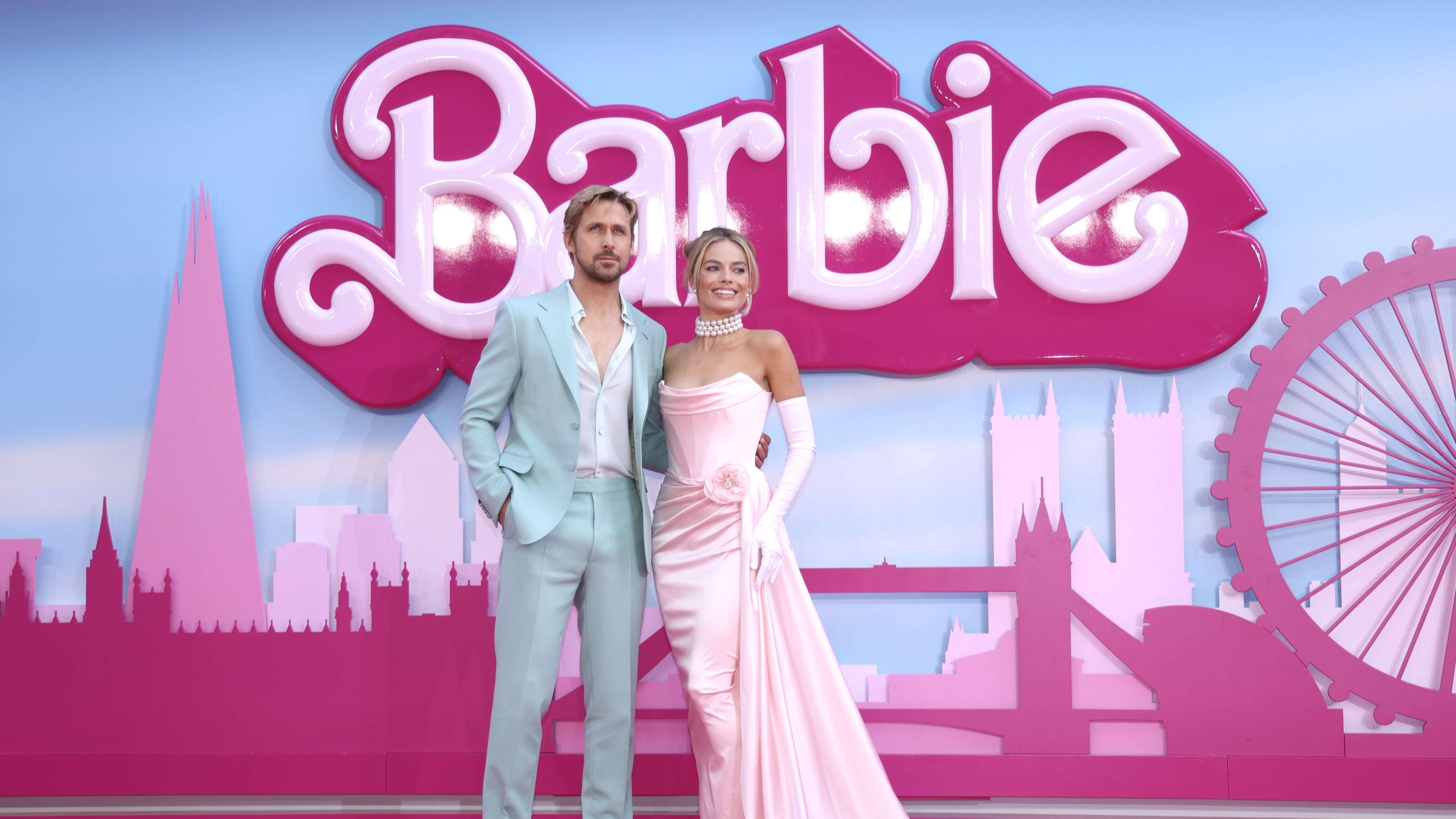 Ryan Gosling, left, and Margot Robbie pose for photographers upon arrival at the premiere of the film Barbie on this month London.