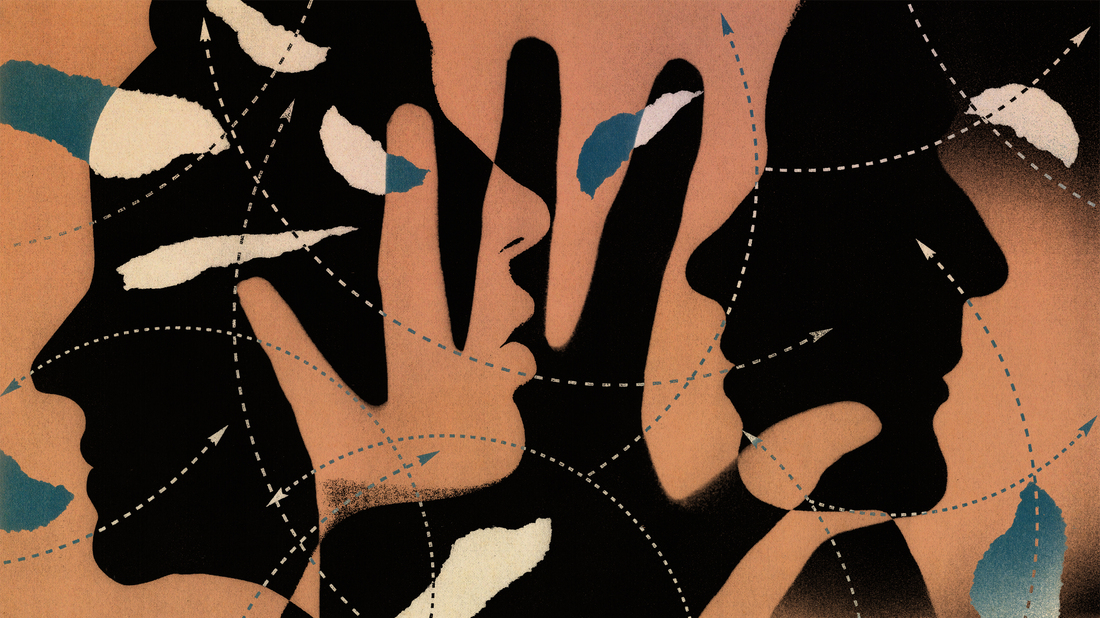 A collage of faces and hands with dotted lines overlaid on top.