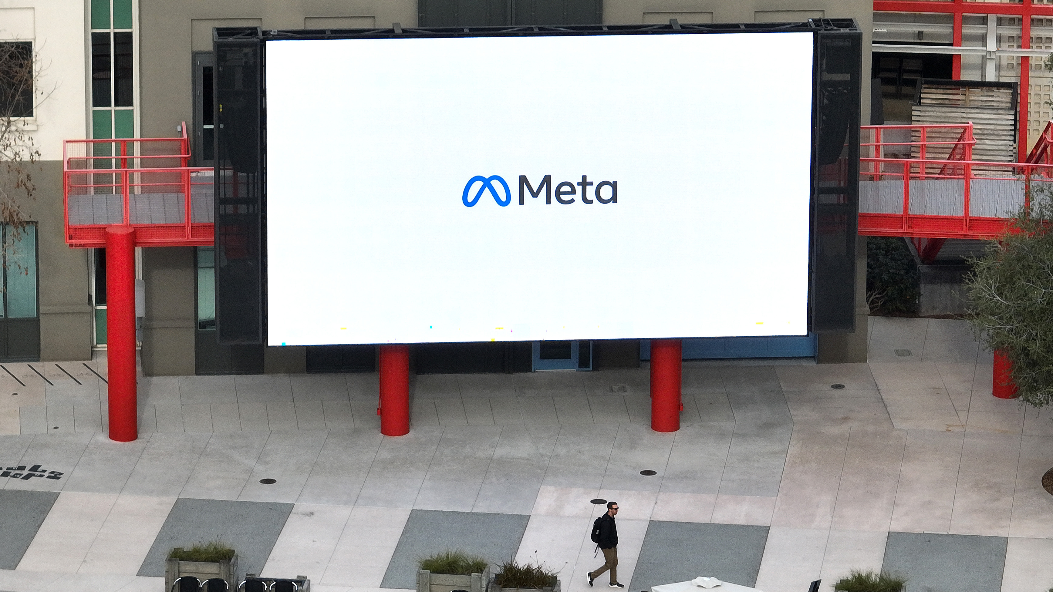 A large video monitor on the campus of Meta, Facebook