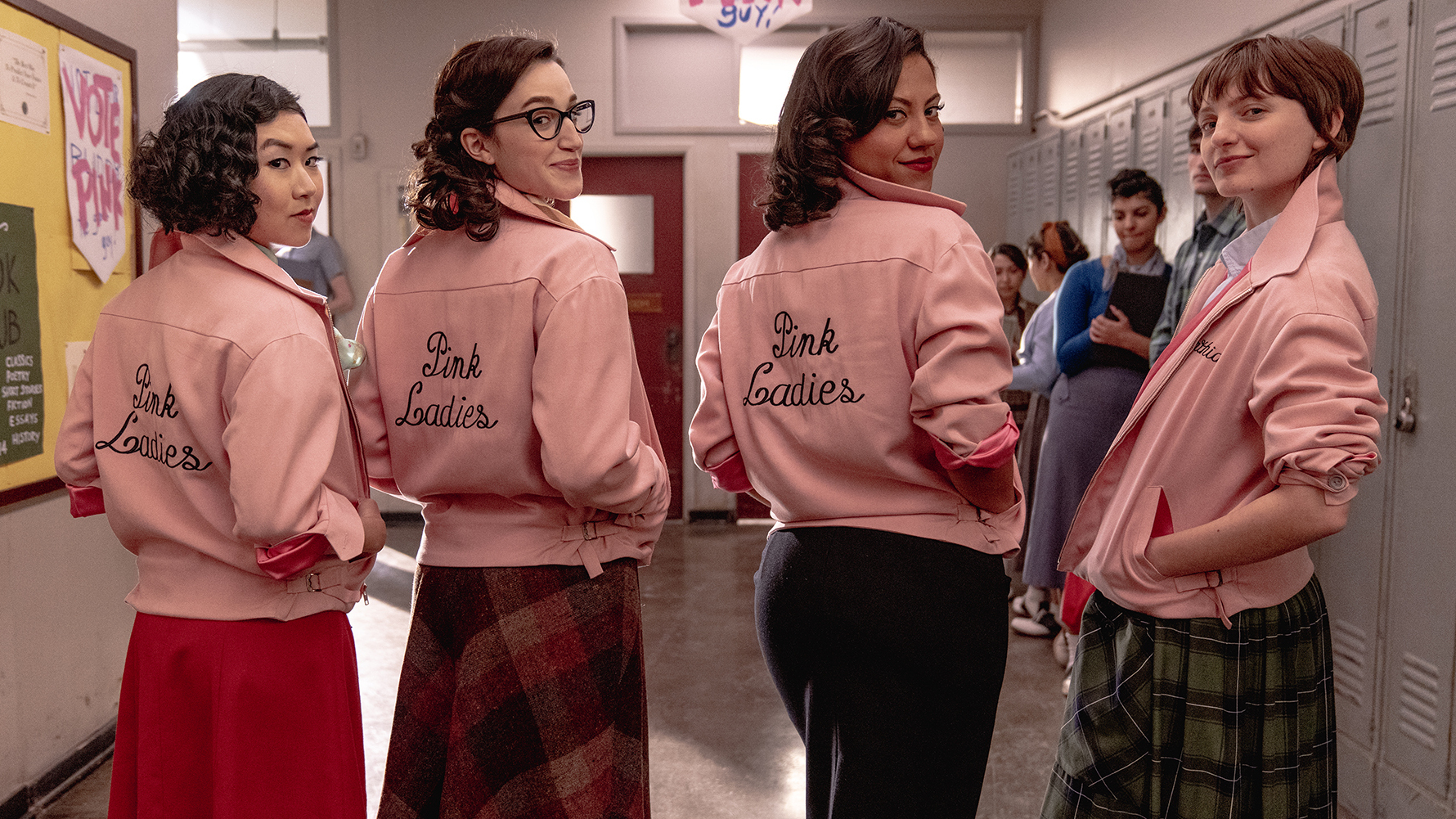 Grease: Rise of the Pink Ladies was recently nominated for two Emmys but it was canceled after one season and has been removed from Paramount+. Above, Tricia Fukuhara as Nancy Nakagawa, left, Marisa Davila as Jane Facciano, Cheyenne Wells as Olivia Valdovinos and Ari Notartomaso as Cynthia Zdunowski.