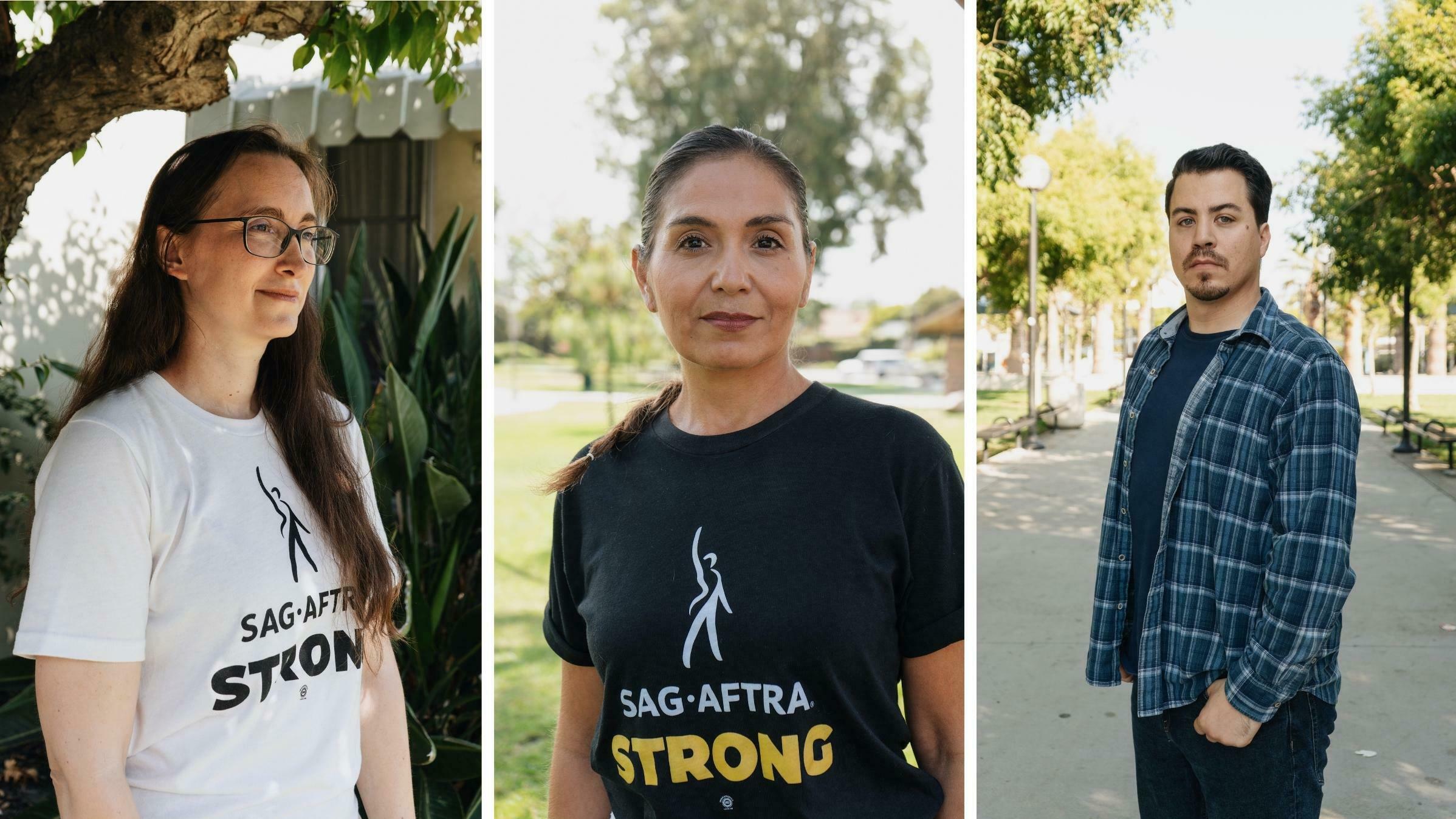 Los Angeles based background actors Rebecca Safier (left), Alexandria Rubalcaba and Dom Lubsey have all had production companies scan their faces and bodies to make digital replicas.