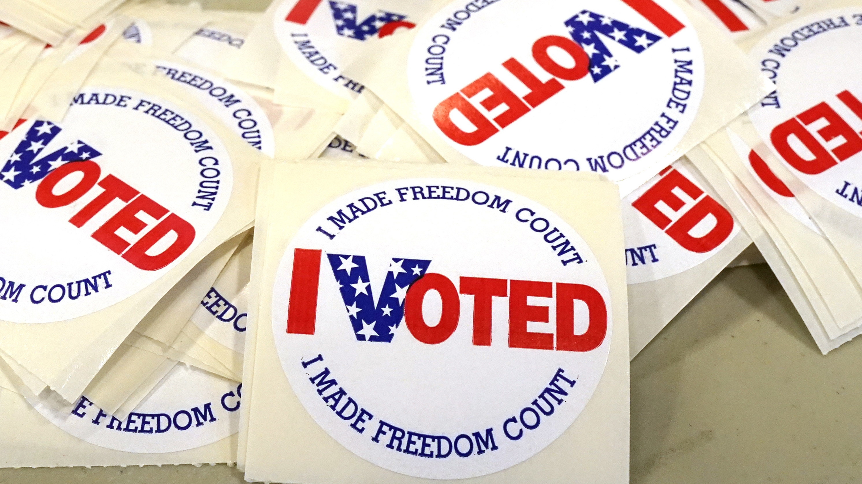 "I Voted" stickers are ready to be distributed to voters on Nov. 8, 2022, at a Brandon, Miss., precinct.
