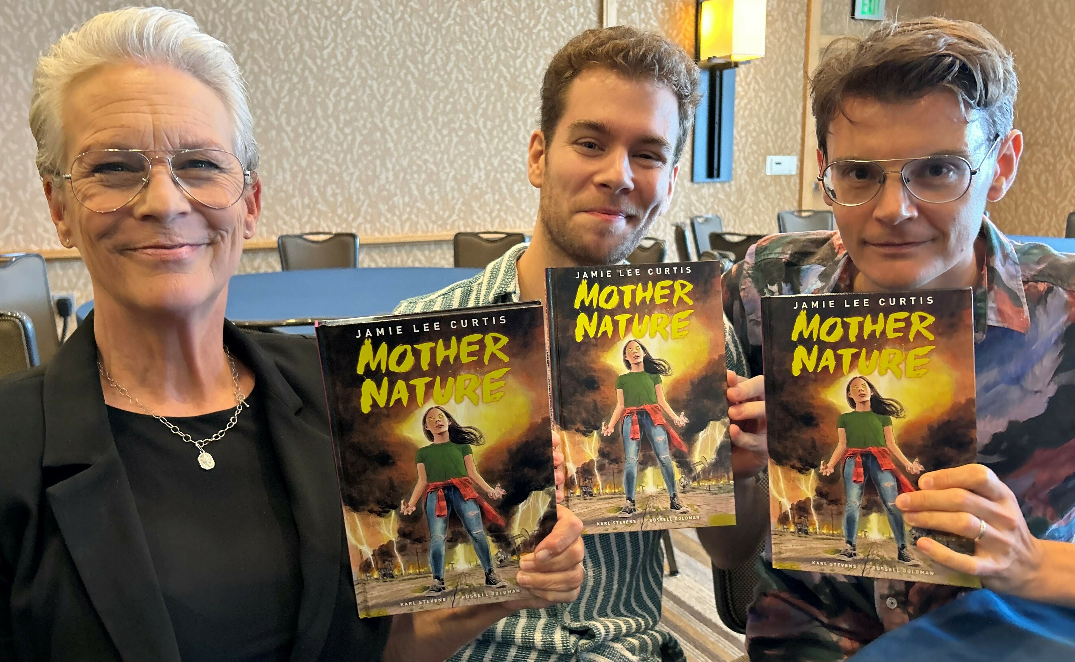 Jamie Lee Curtis, Russell Goldman and Karl Stevens — co-creators of the new graphic novel Mother Nature — at Comic-Con San Diego.
