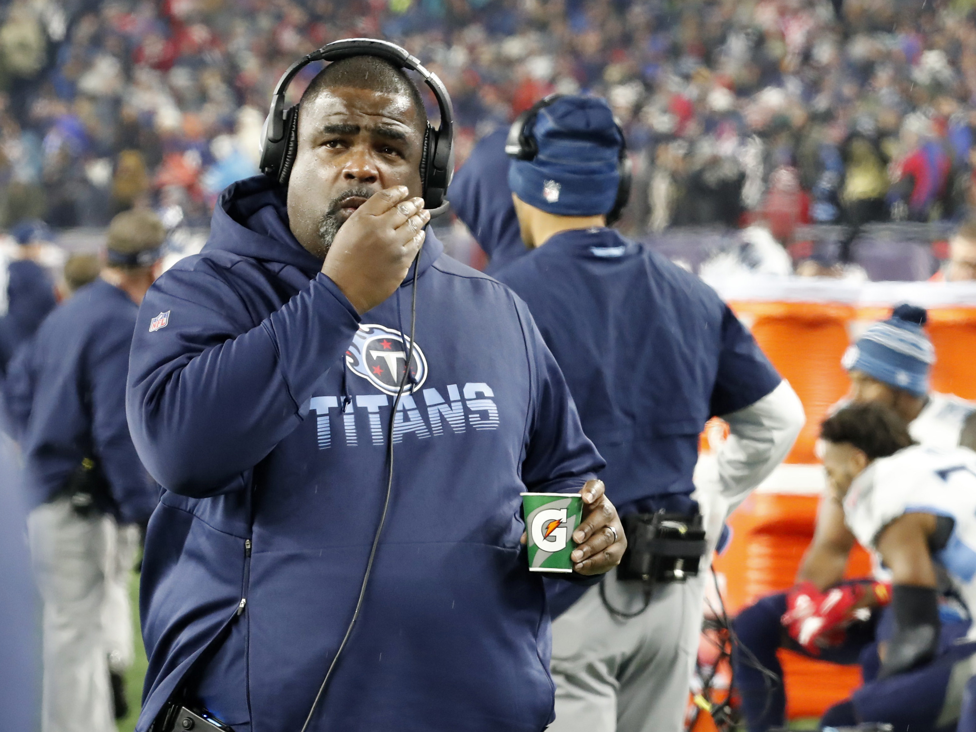 The Tennessee Titans' Mike Vrabel announced Monday that Terrell Williams, their assistant head coach and defensive line assistant, will serve as acting head coach Saturday during the Titans' preseason opener in Chicago. Here, Williams is seen during an AFC Wild Card game against the New England Patriots on Jan. 4, 2020, at Gillette Stadium in Foxborough, Mass. (Icon Sportswire via Getty Images)