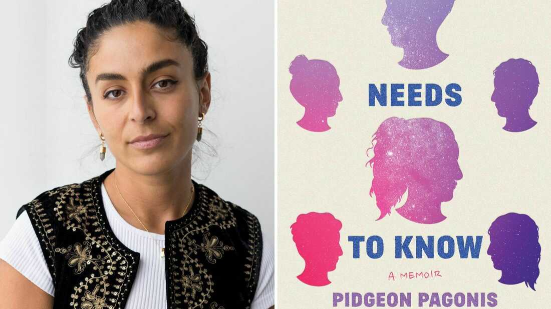 A headshot of Pidgeon Pagonas, with an image of the cover of their memoir, "Nobody Needs to Know."