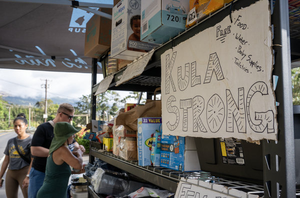 Diapers, food and water are among the supplies available at this makeshift donation center.