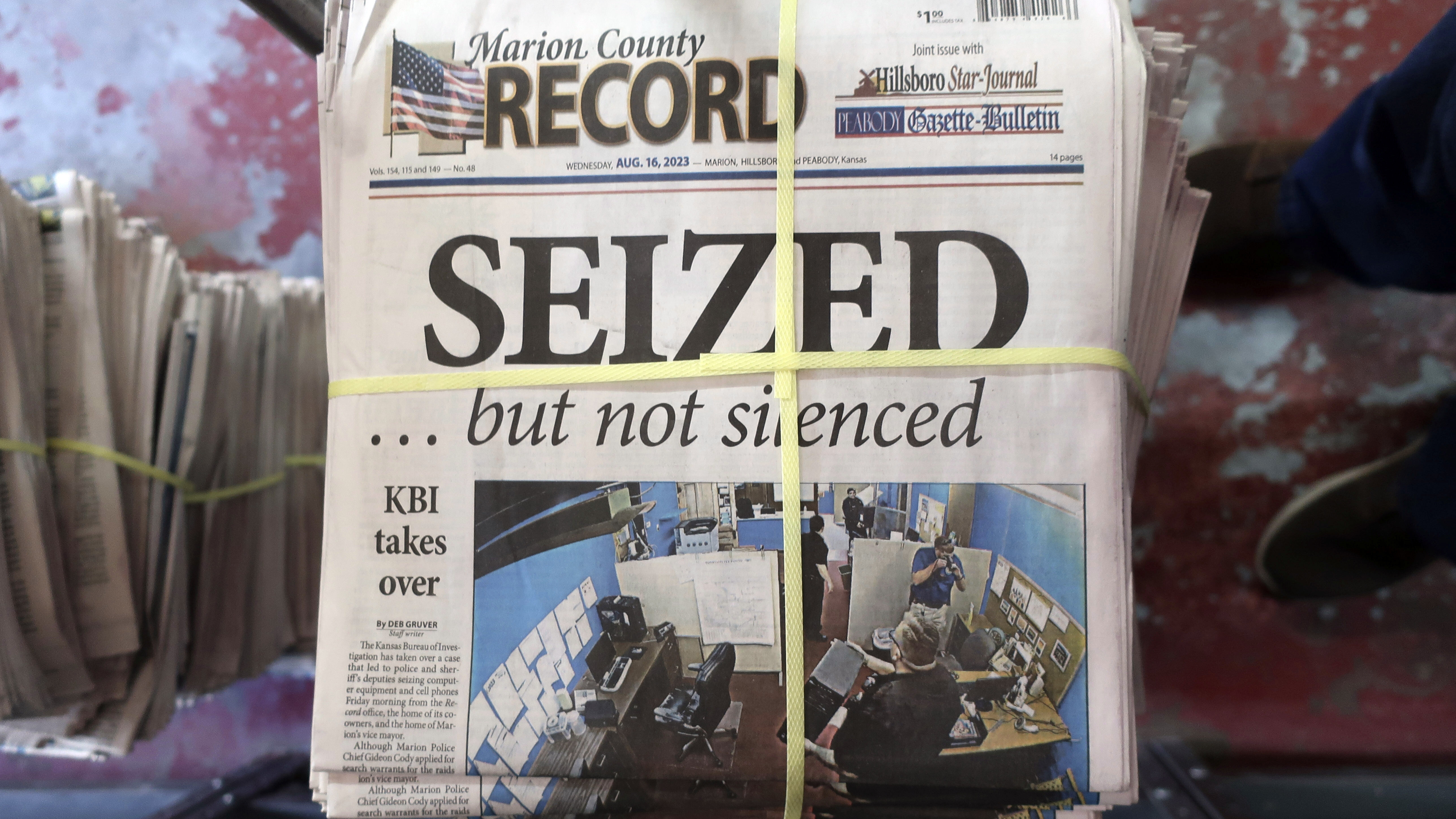 A stack of the latest edition of the weekly Marion County Record sits in the back of the newspaper