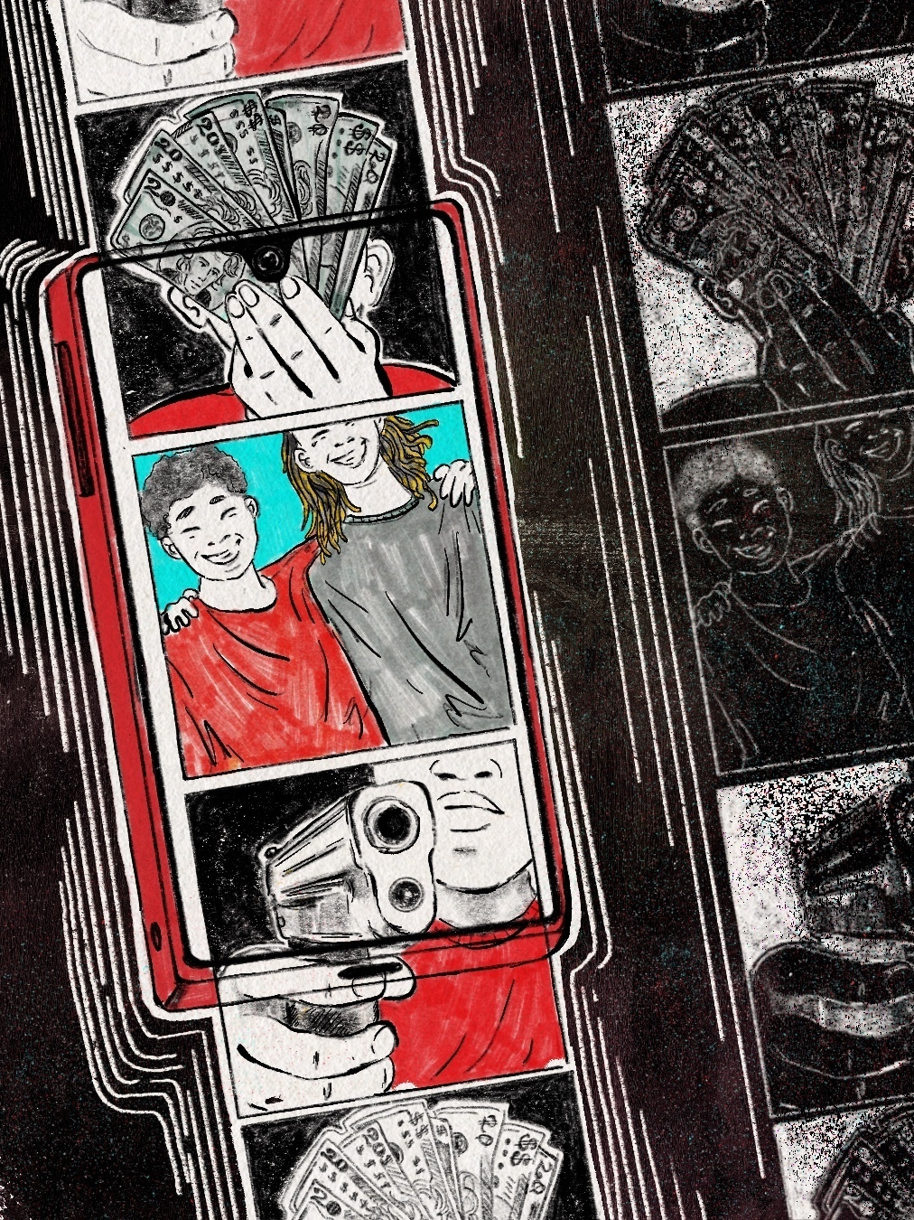 A smartphone shows three images repeating on its screen: a teen holding a fan of cash over their face, two teens smiling, and  a gun pointed toward the camera.