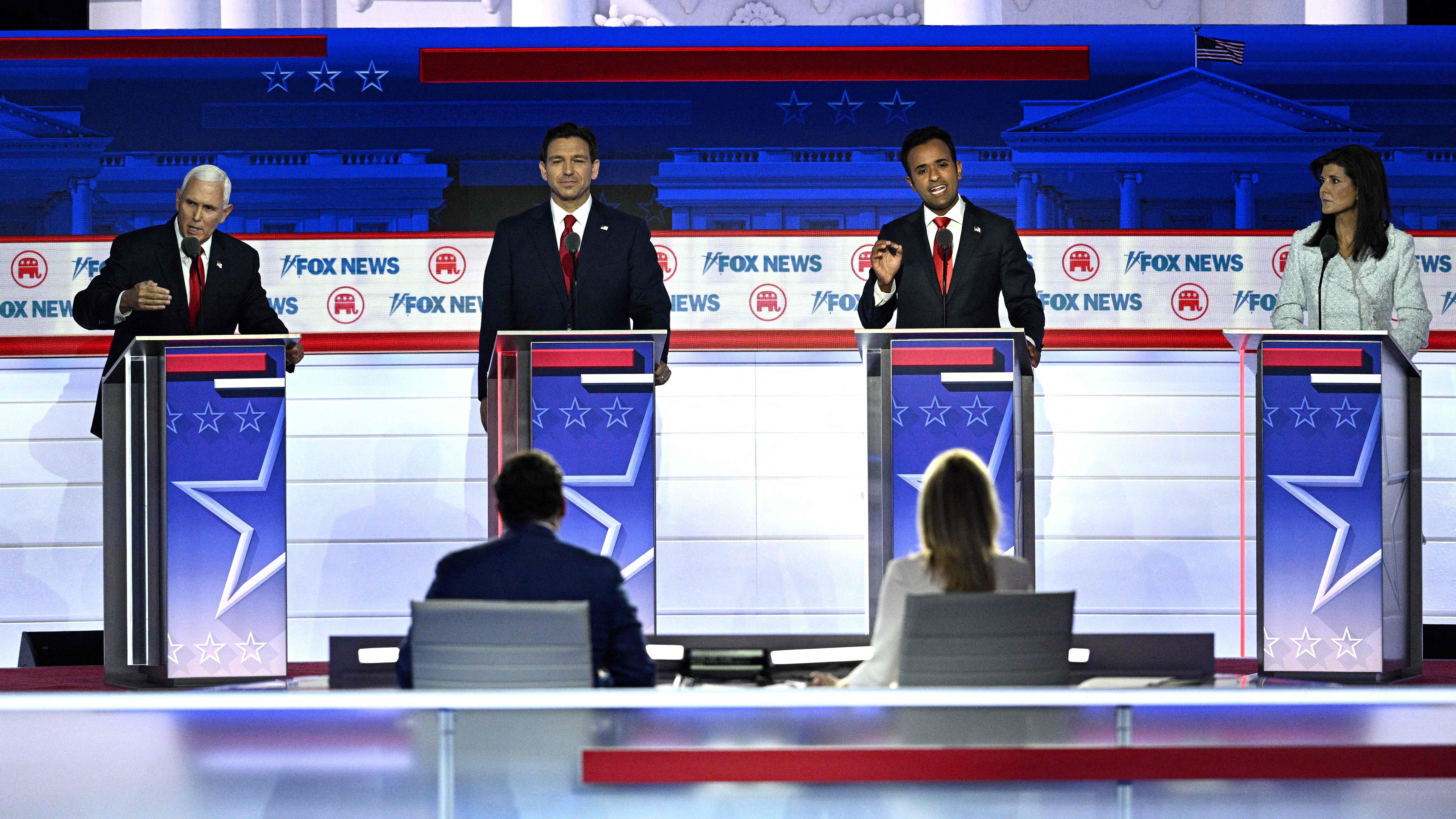 From left to right: Former Vice President Mike Pence, Florida Gov. Ron DeSantis, entrepreneur Vivek Ramaswamy and former U.N. Ambassador Nikki Haley during the first Republican presidential primary debate in Milwaukee on Wednesday. (AFP via Getty Images)