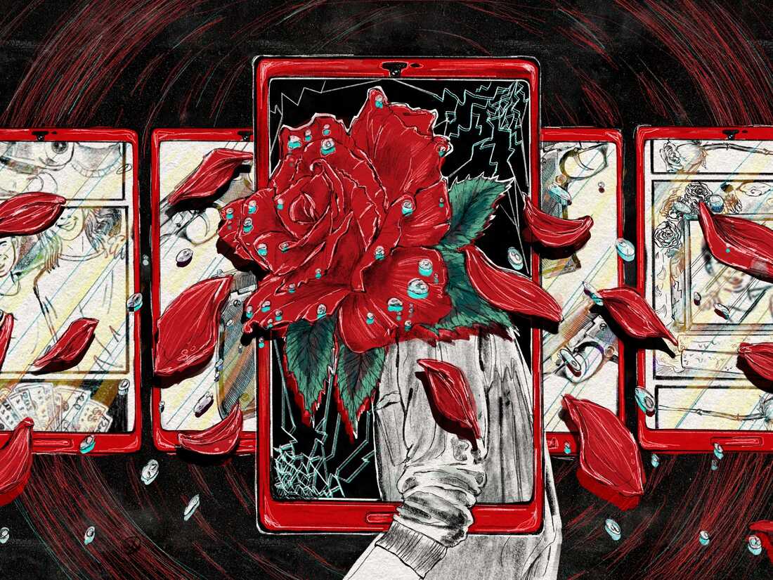 A digital drawing, made with black pencil and red and neon-blue gouache, shows a teenager standing in the center. The figure's human head has been replaced with a red rose, which is losing its petals.