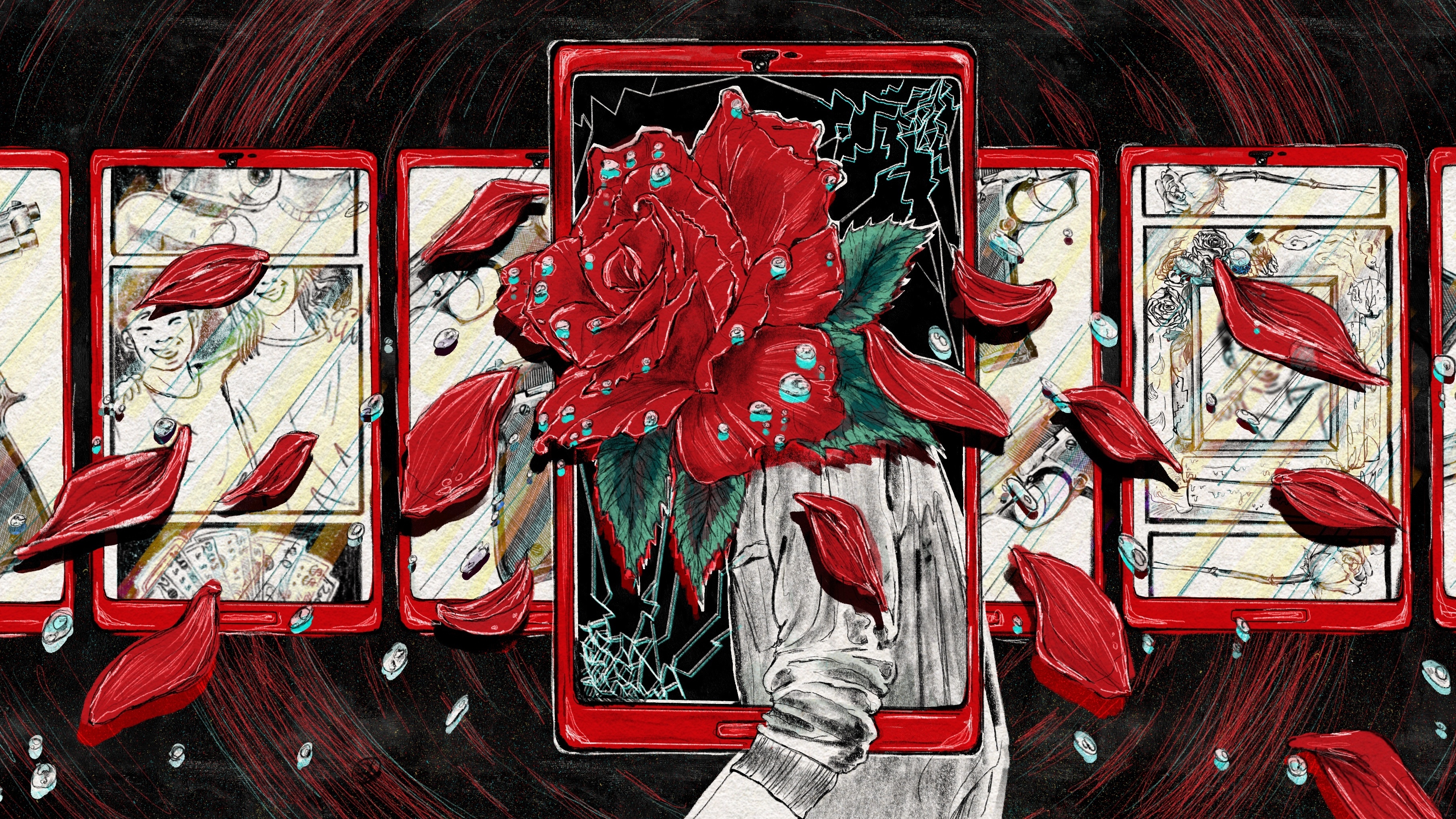 A digital drawing, made with black pencil and red and neon-blue gouache, shows a teenager standing in the center. The figure