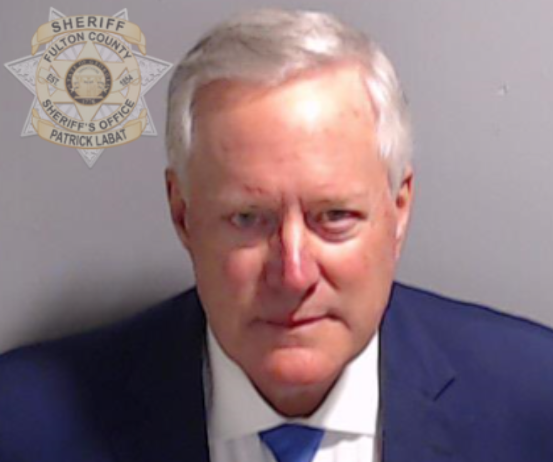 This booking photo provided by the Fulton County Sheriff's Office shows Mark Meadows in Atlanta Thursday, after he surrendered and was booked. (Fulton County Sheriff's Office)