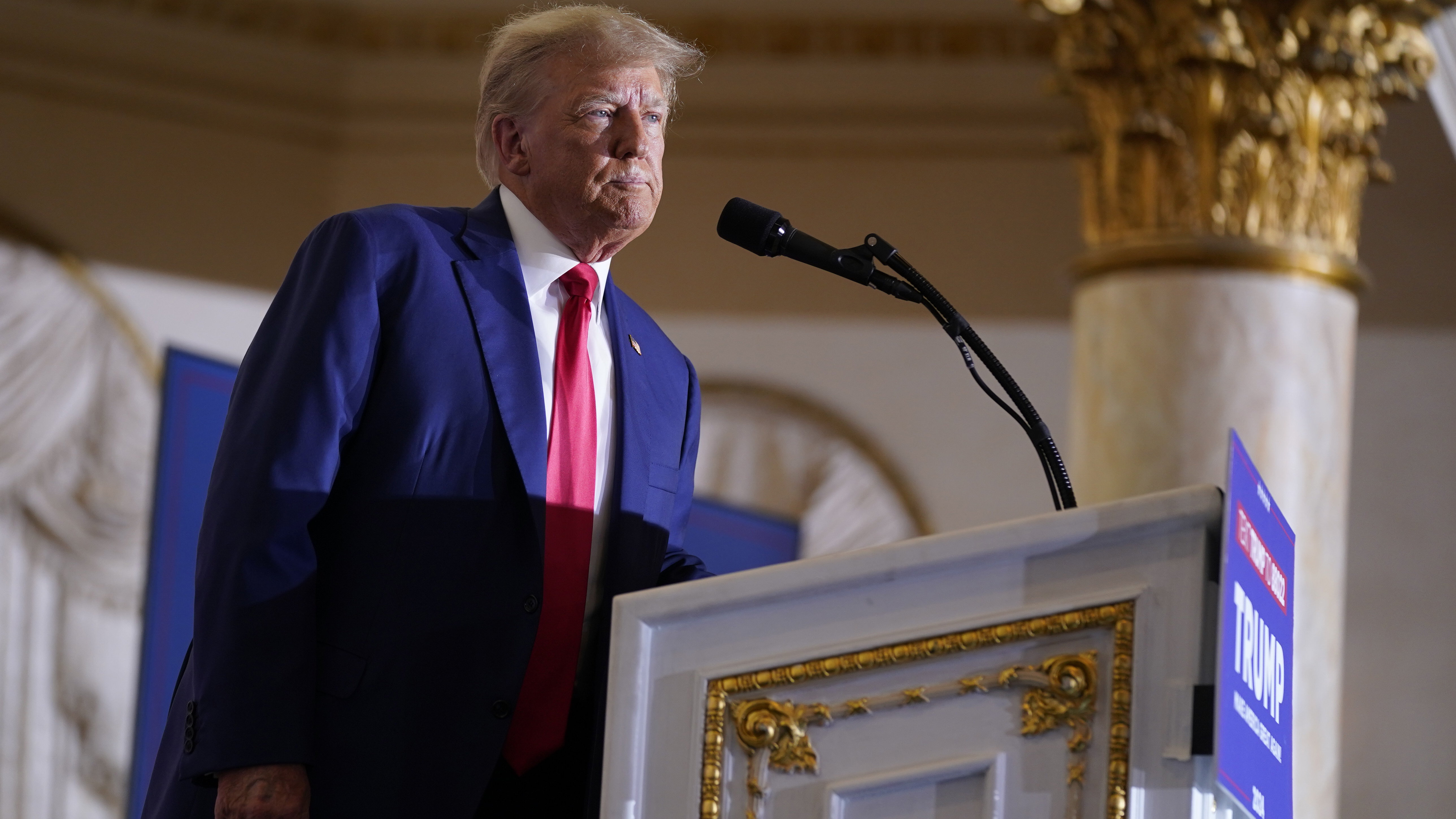 Former President Donald Trump speaks at his Mar-a-Lago estate on April 4, in Palm Beach, Fla.