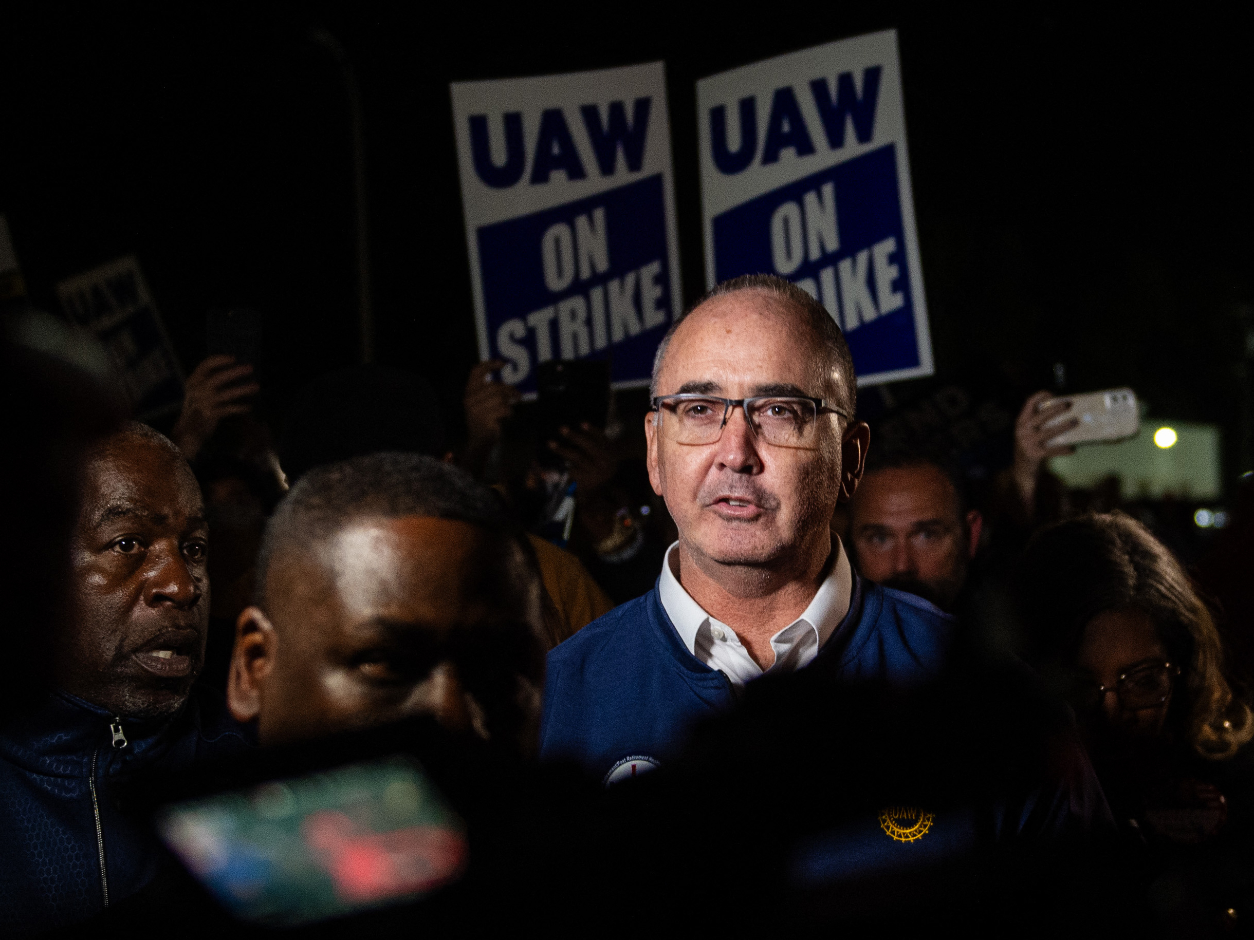 UAW President Shawn Fain makes an appearance with striking workers at the Ford Assembly Plant in Wayne, Mich. on Sept. 15, 2023. The UAW started a strike at three plants of the Big Three in the Midwest. It's the first time the union is striking against the top three Detroit automakers at once. (AFP via Getty Images)