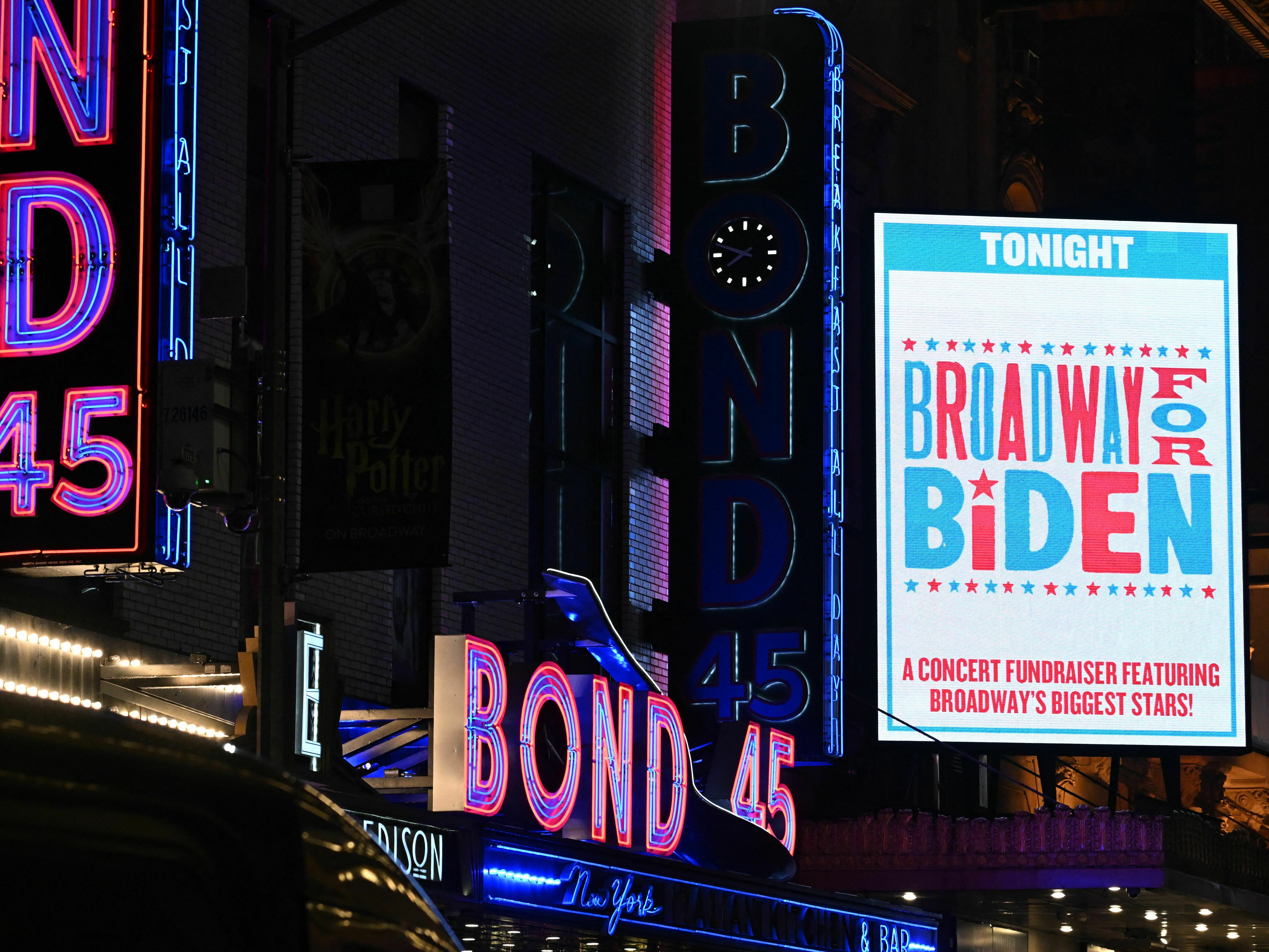 President Biden went to four fundraisers while he was in New York City attending the U.N. General Assembly, including this one at the Lunt-Fontanne Theatre on Broadway on Sept. 19. (AFP via Getty Images)
