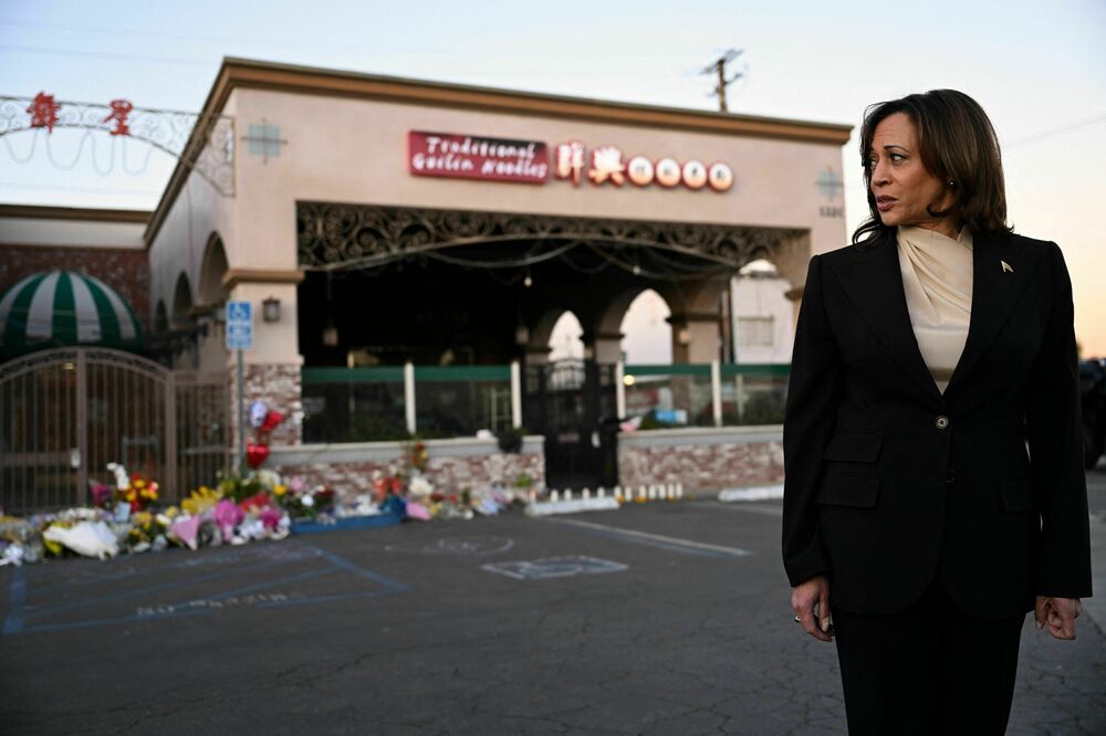 Vice President Harris speaks about the victims of the mass shooting in Monterey Park, Calif. in front of a makeshift memorial at the Star Ballroom Dance Studio on Jan. 25, 2022. (AFP via Getty Images)