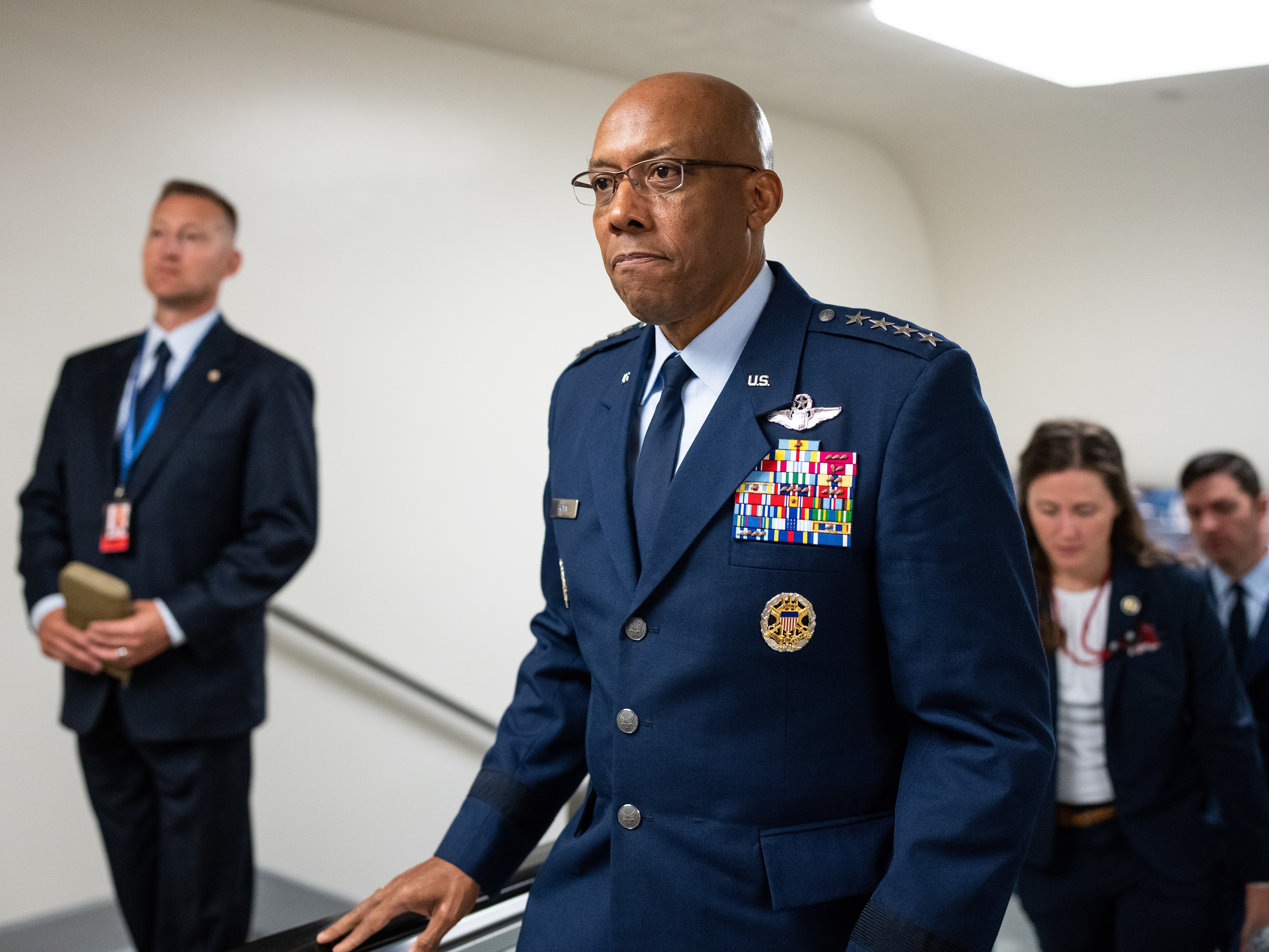 Chairman of the Joint Chiefs of Staff nominee General Charles Brown Jr., arrives in the Capitol after his confirmation hearing in the Senate Armed Services Committee in July. (CQ-Roll Call, Inc via Getty Images)