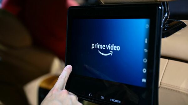 The Amazon Prime Video logo is displayed in a Jeep Grand Wagoneer SUV taken on Jan. 7.