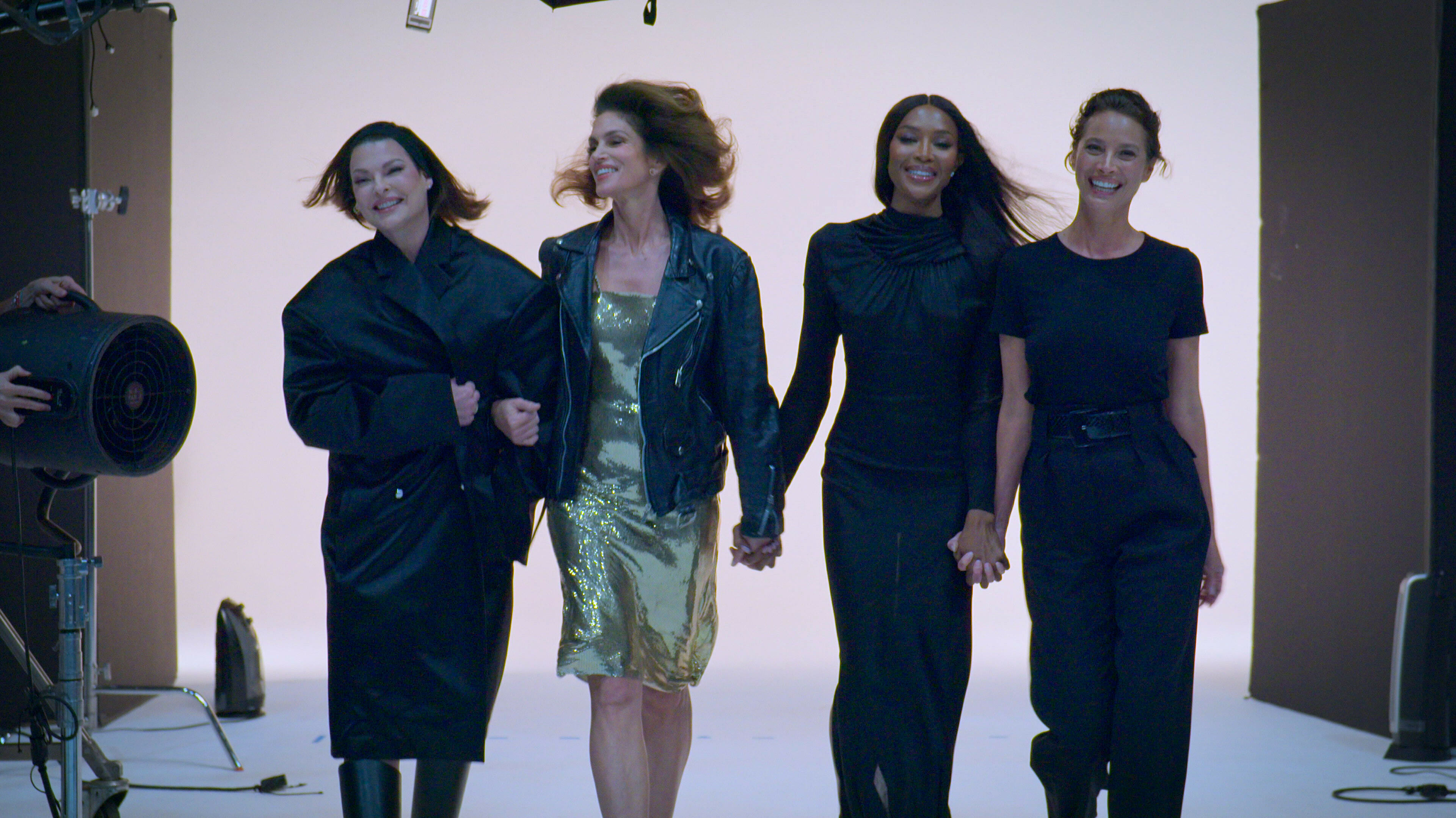 Linda Evangelista, left, Cindy Crawford, Naomi Campbell and Christy Turlington in <em>The Super Models.</em> (Apple TV+)
