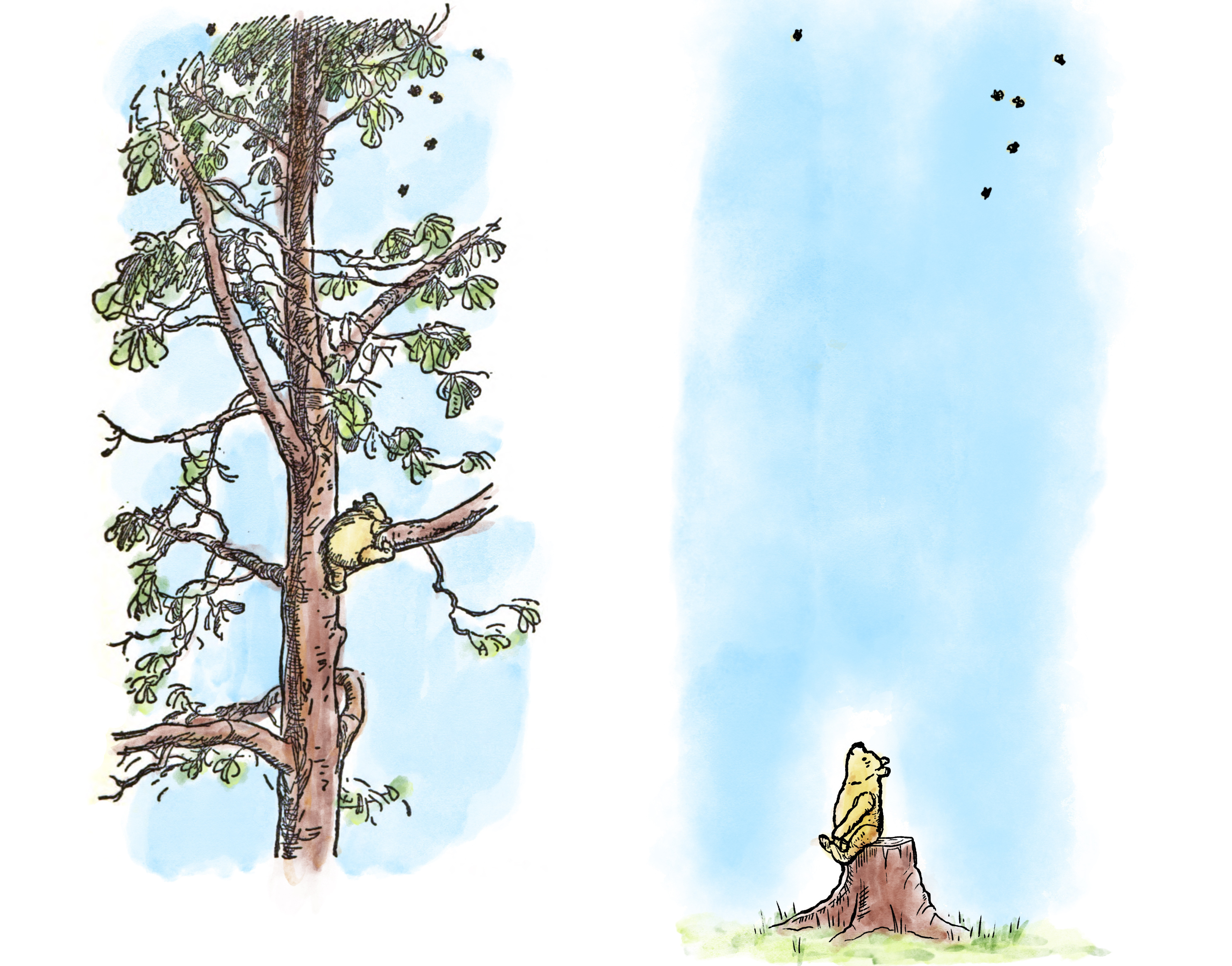 Oh, bother! In <em>Winnie-the-Pooh: The Deforested Edition</em> all of the trees are gone. Above, you can see images from the original (left) and the deforested edition. (Who Gives A Crap)
