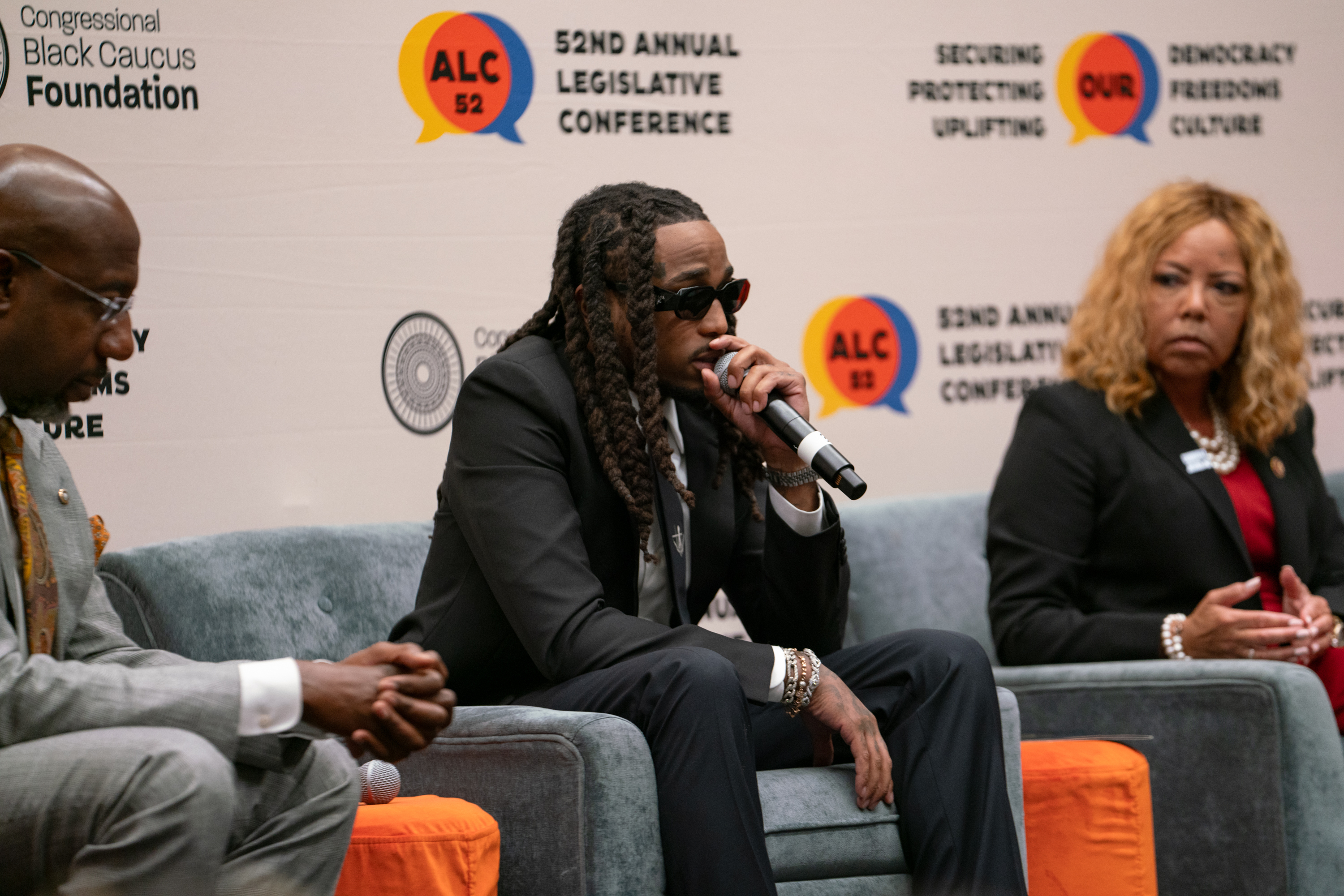 A panel speaks about gun violence prevention at the 2023 Congressional Black Caucus' annual legislative conference. (NPR)