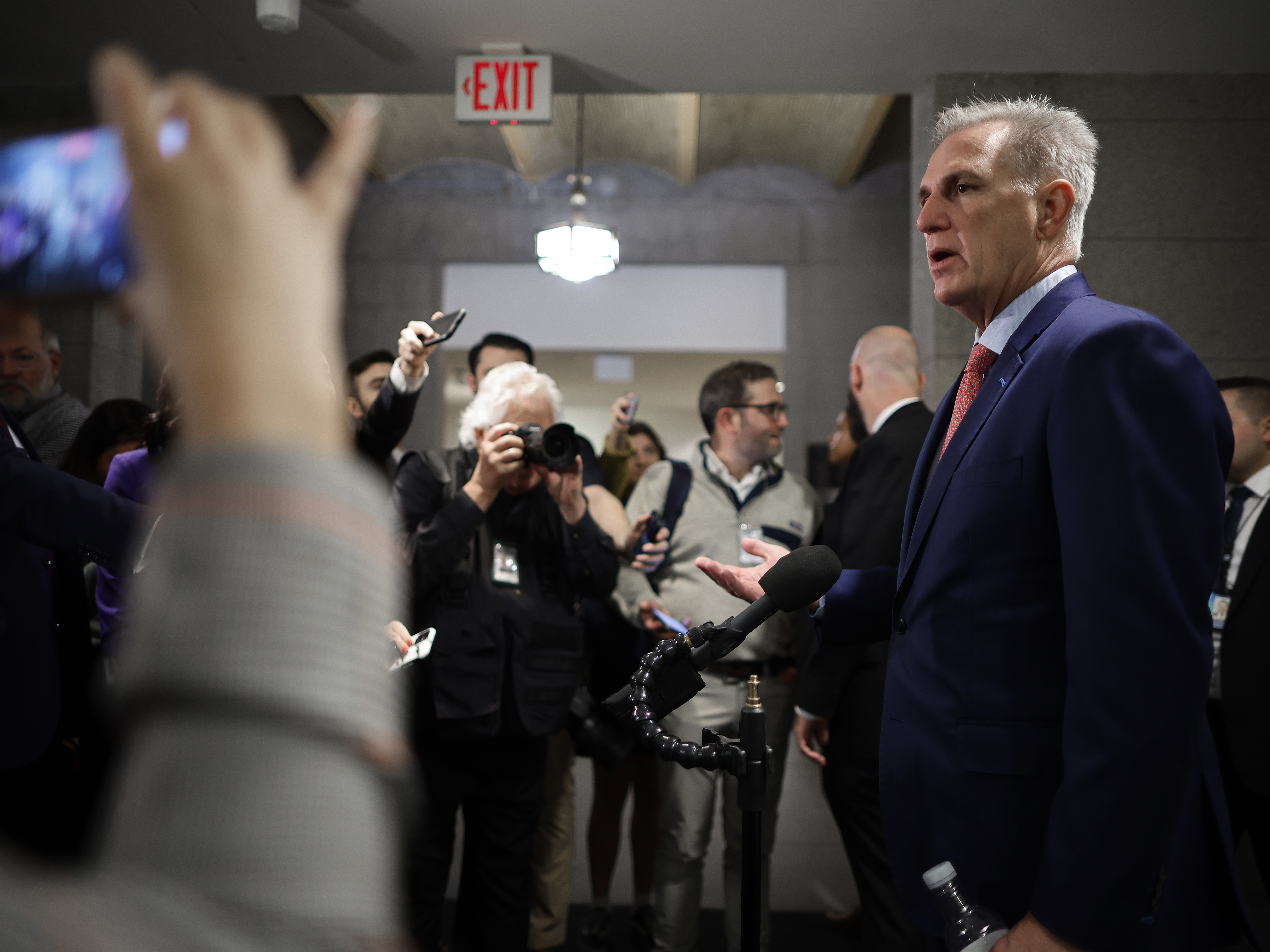 Speaker of the House Kevin McCarthy, R-Calif., talks to reporters following a House Republican caucus meeting at the U.S. Capitol on Wednesday. (Getty Images)