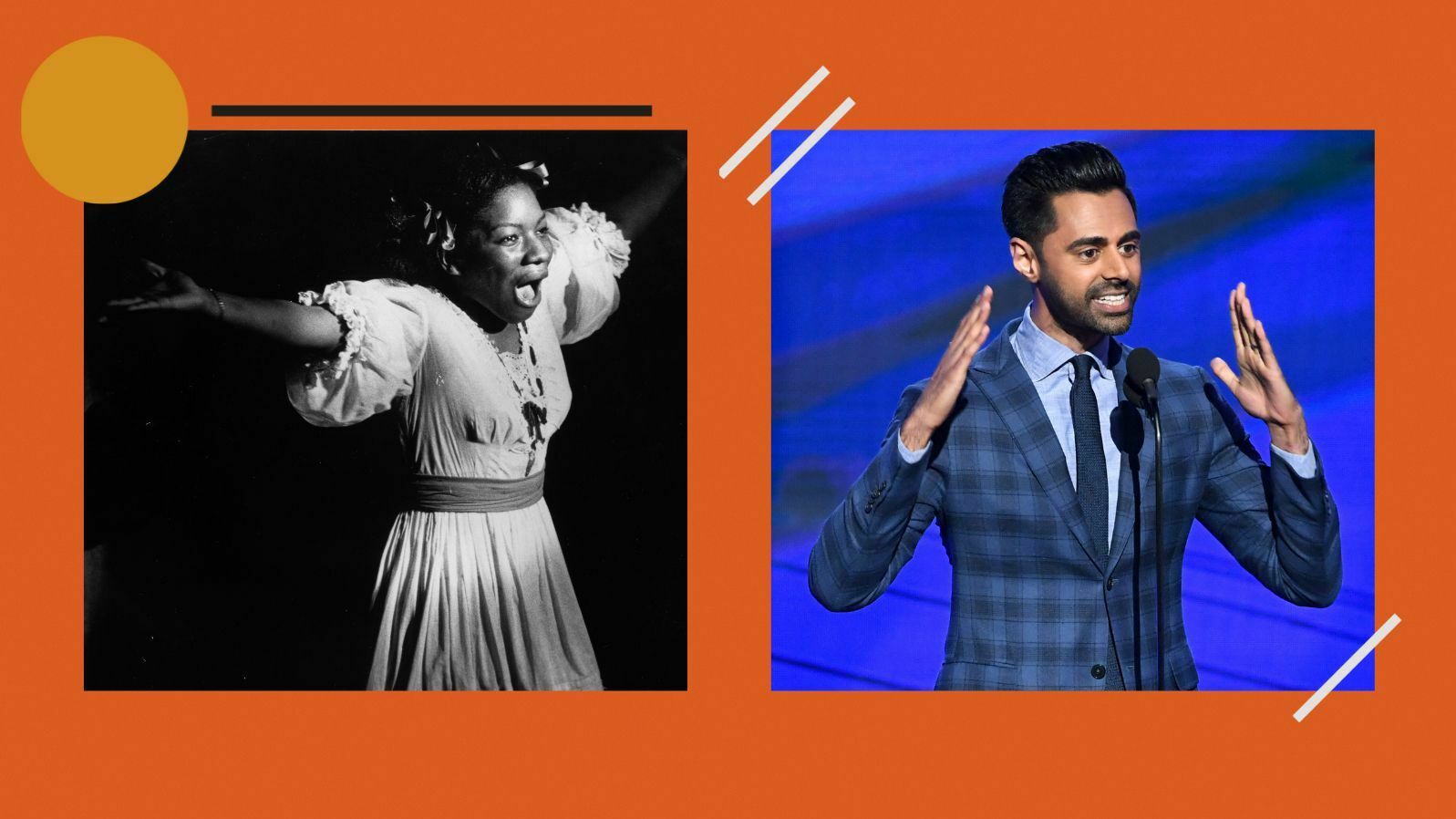 Stephanie Mills in The Wiz, and Hasan Minhaj on stage. (Hulton Archive/Kevin Winter)