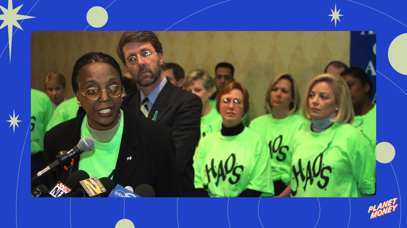 Several United Airlines flight attendants wearing &quot;CHAOS&quot; T-shirts at a meeting to decide plans for a potential strike in 2001. CHAOS—an acronym for &quot;Create Havoc Around Our System&quot;—is a strike strategy first used in 1993 during a labor dispute between Alaska Airlines and their flight attendants' union. The strategy can keep a company guessing about when, where or even how a strike might happen. (Getty Images)