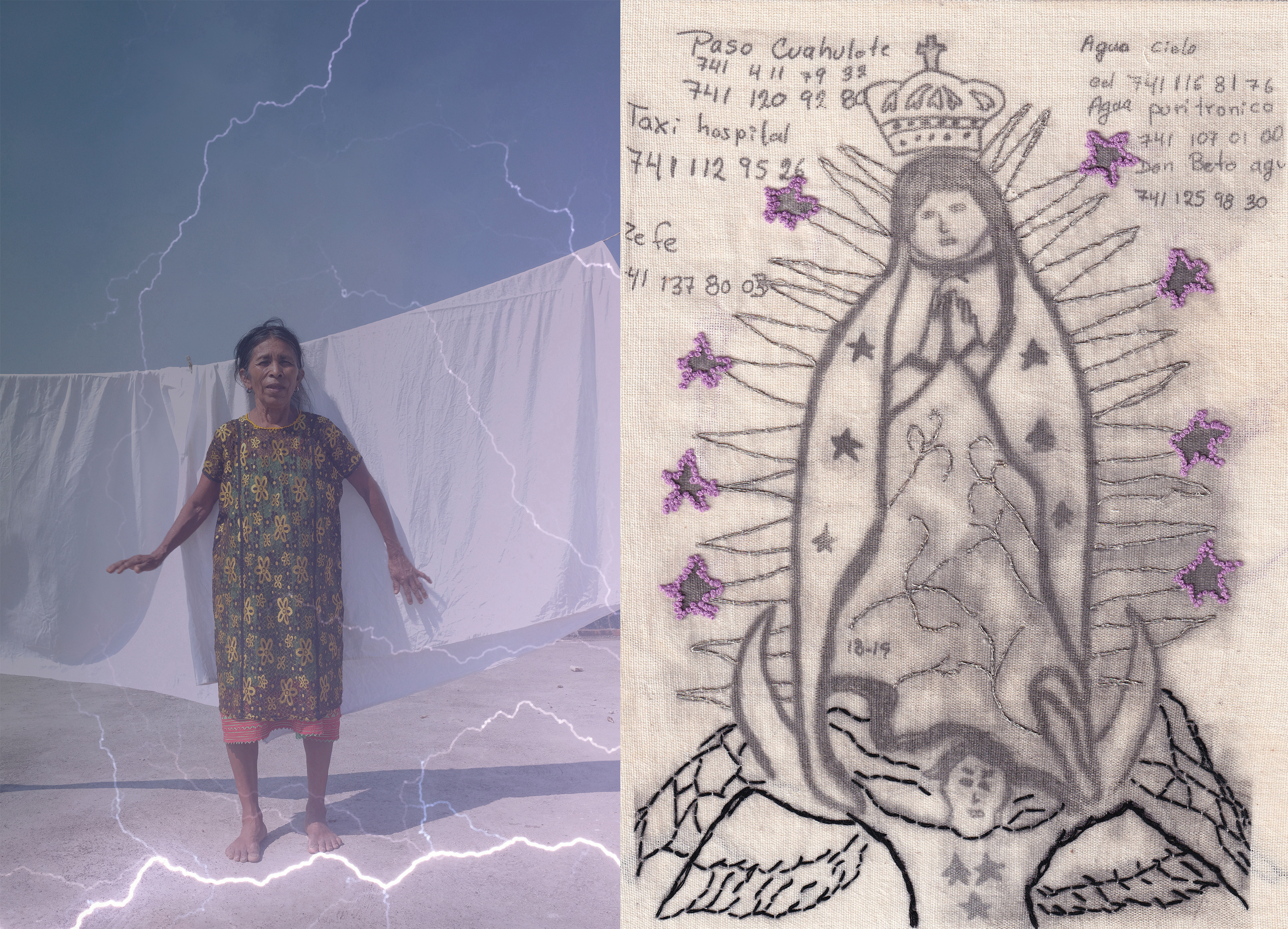 These Indigenous Mexican women are reclaiming their power through ancestral practices 17 Left: Maria Adelaida, an Amuzgo traditional midwife from CAMI house Ometepec, lives in Paso Cuahulote. In her town, few people can pay for her services and so she survives on the "scholarship" she receives from working at CAMI. Right: The Guadalupe Virgin drawn by a child who came with her mother looking for legal and psychological support.