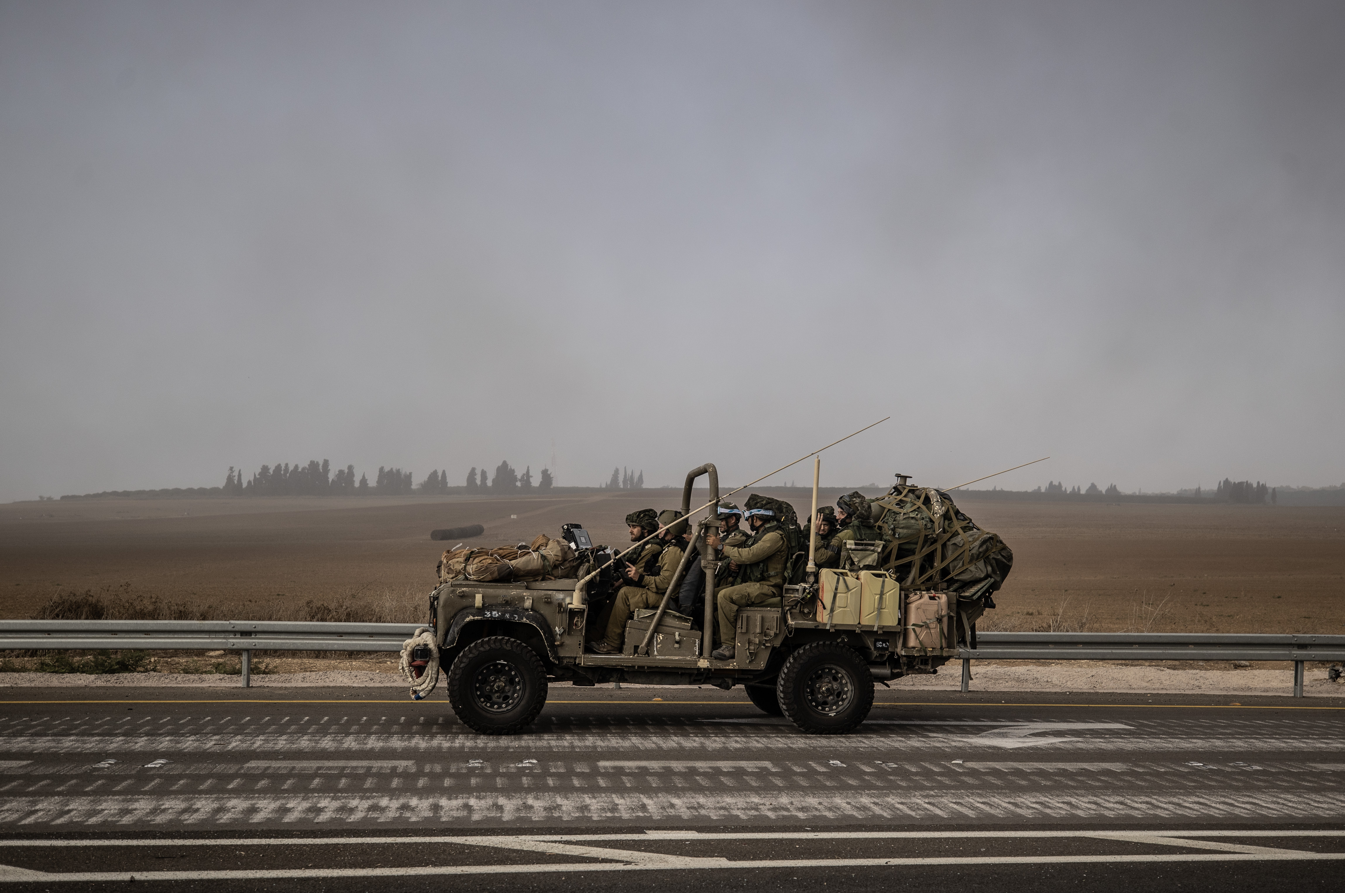 Sun., Oct. 8: Trucks carry heavy armored vehicles and tanks of Israeli army as Israel tightens measures by the army, police and other security forces.