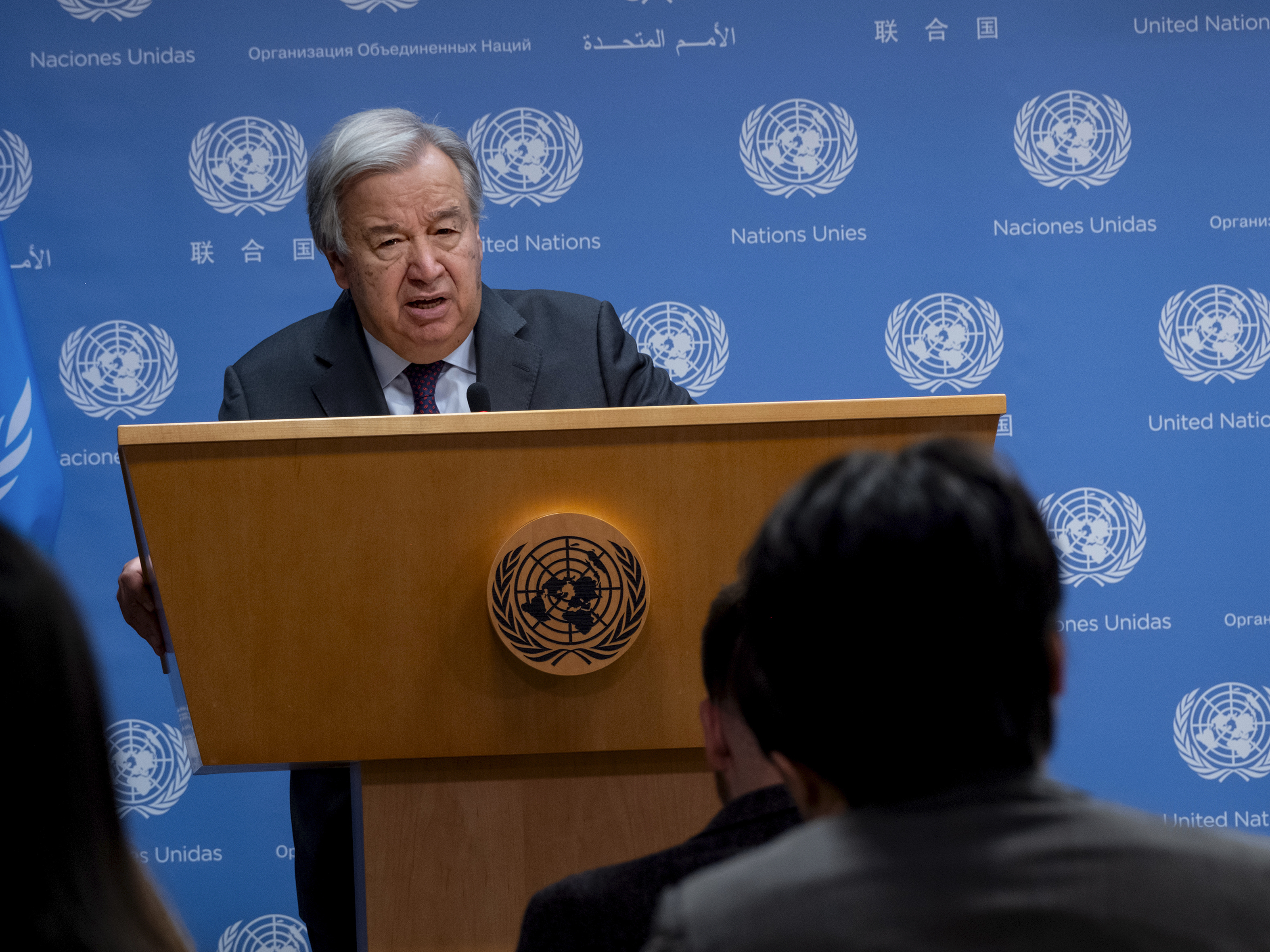 United Nations Secretary-General Antonio Guterres addresses the situation in Israel after an attack by Hamas during a news briefing at United Nations headquarters Monday, Oct. 9, 2023.