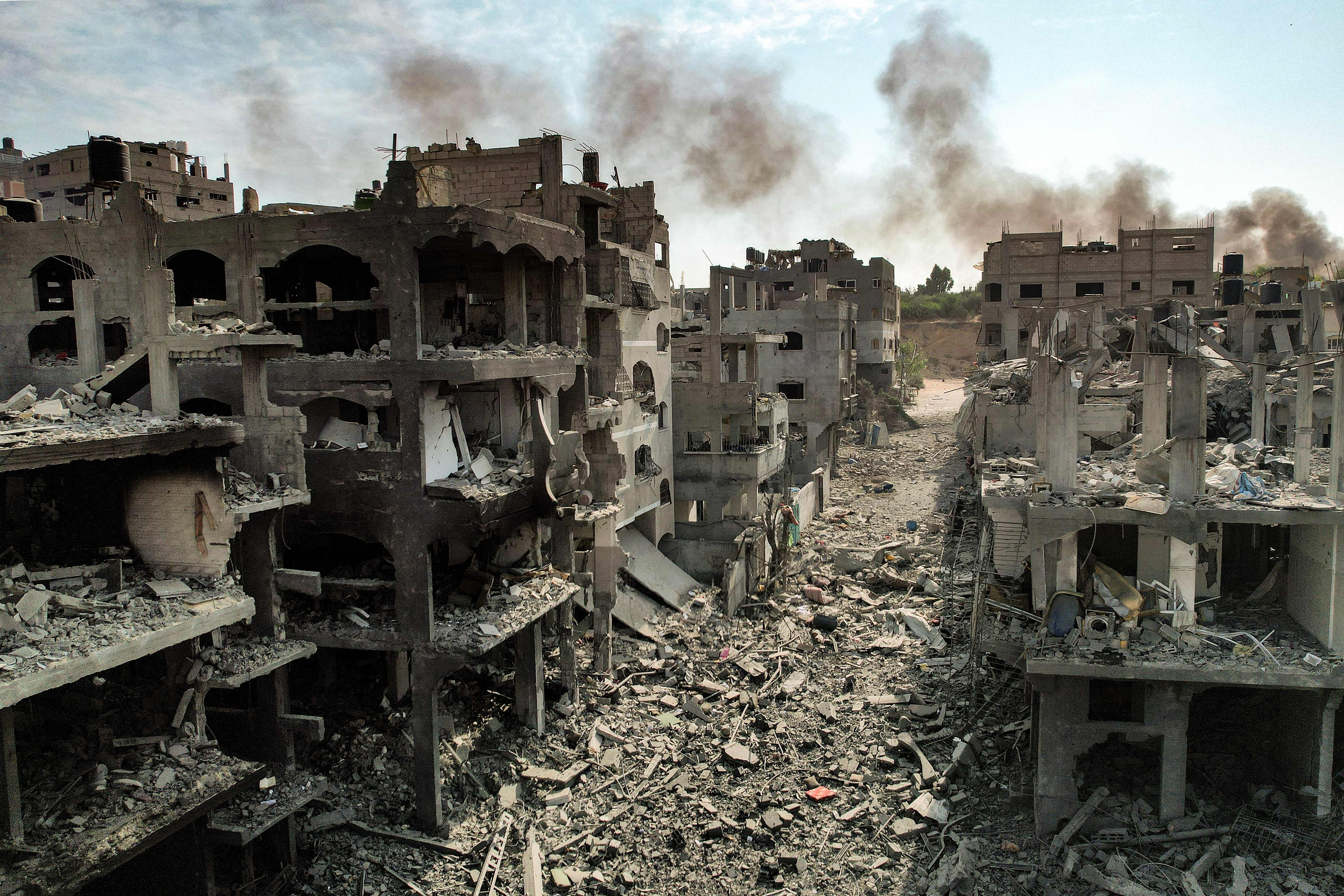 Wed., Oct. 11: An aerial view of buildings destroyed by Israeli air strikes in the Jabalia camp for Palestinian refugees in Gaza City.