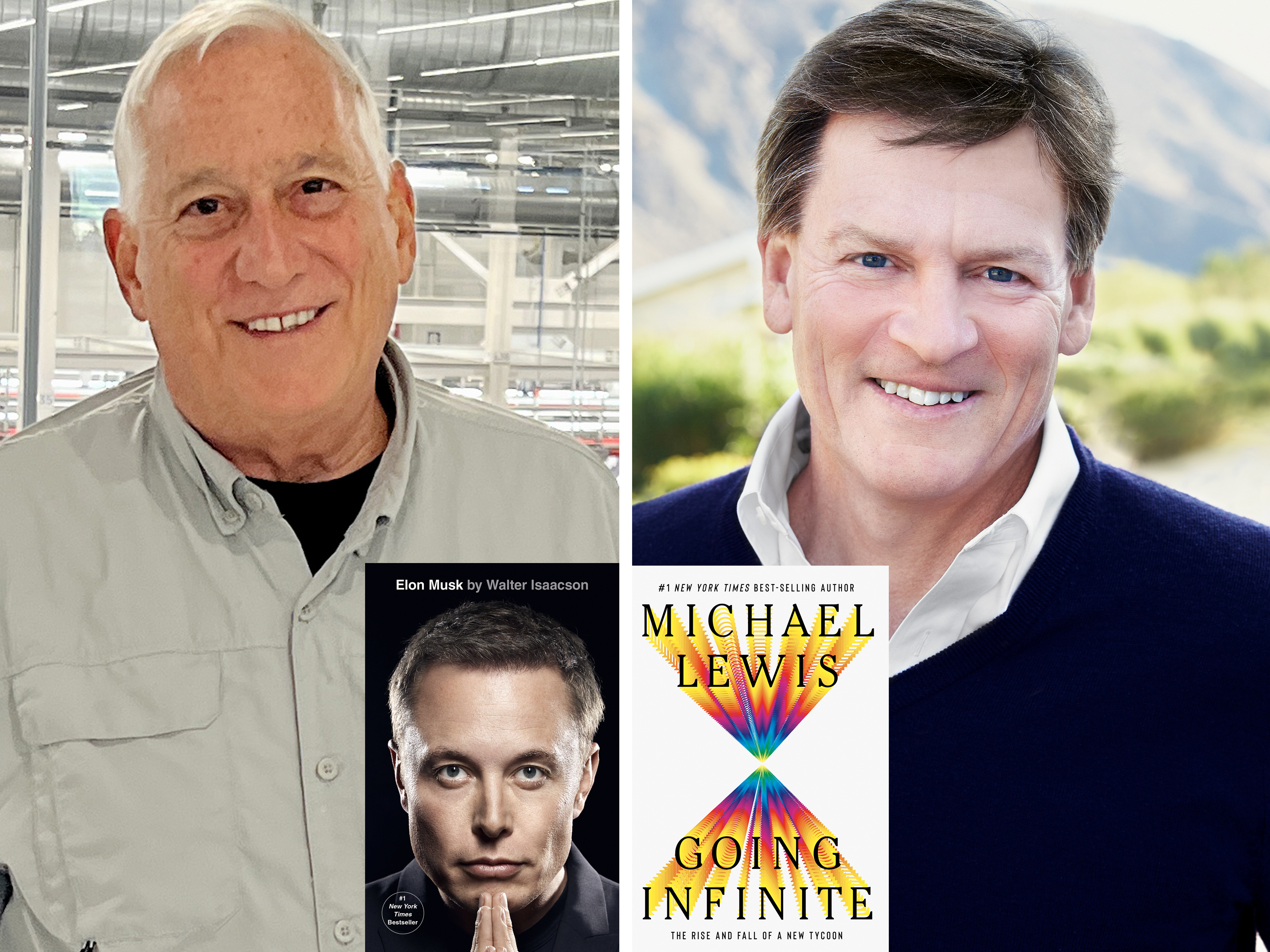 Walter Isaacson, left, and Michael Lewis are authors and friends from New Orleans. Their new books are about billionaire Elon Musk and fallen crypto executive Sam Bankman-Fried respectively. (Courtesy Simon & Schuster and W. W. Norton & Company)