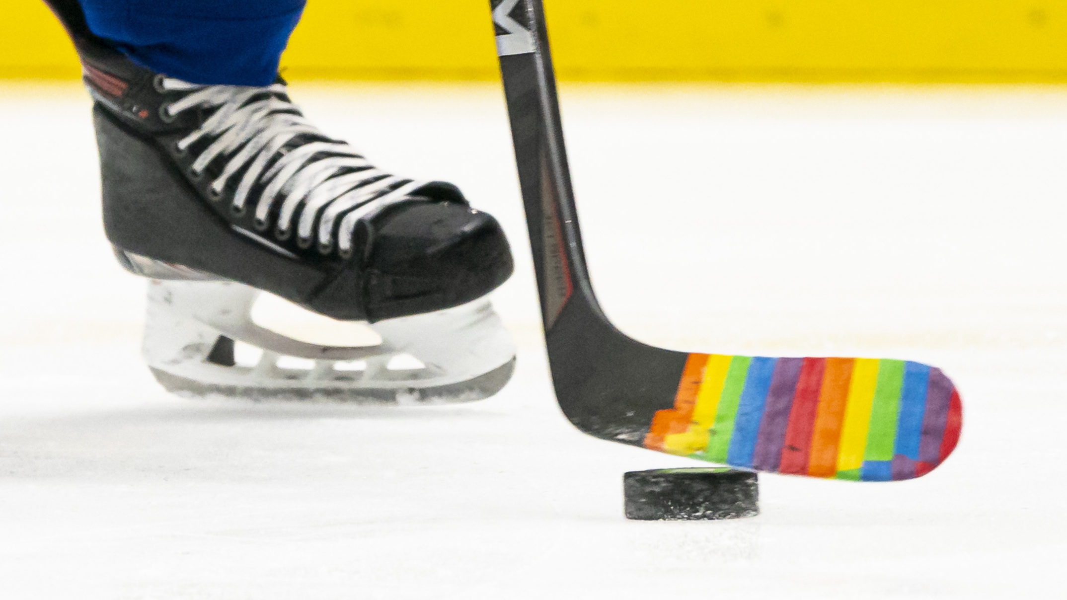 Pride Tape was quickly adopted by NHL teams as a way to support and celebrate LGBTQ+ fans and athletes. But the NHL has banned the tape. Here, a player used the tape on their stick for a pre-game warm up to celebrate a &quot;Hockey is for Everyone&quot; night in March 2021. (Getty Images)