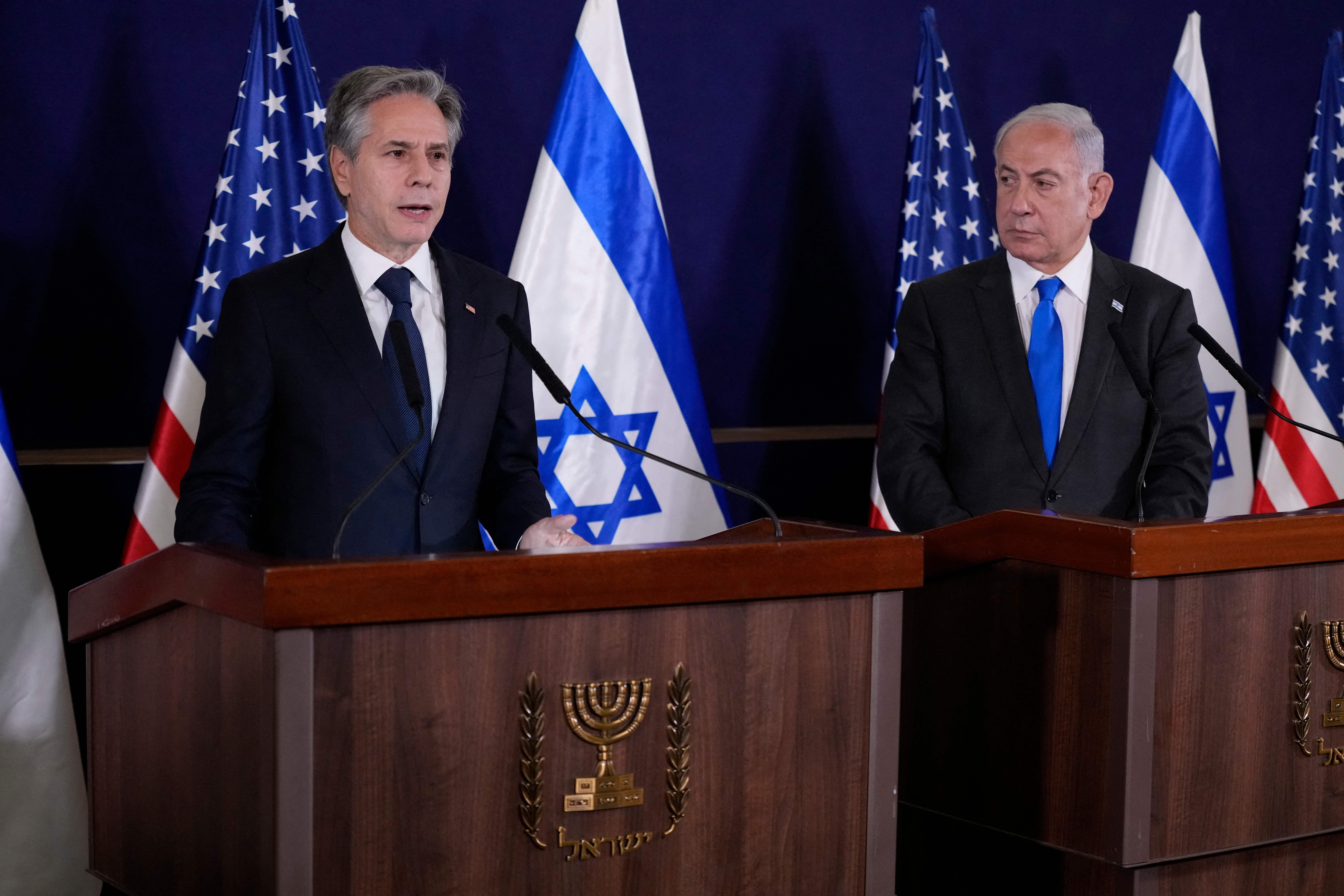U.S. Secretary of State Antony Blinken pledged the support of the U.S. to Israeli Prime Minister Benjamin Netanyahu, while also urging Israel to avoid harming civilians as it retaliates for the deadly attacks by Hamas. (Pool/AFP via Getty Images)