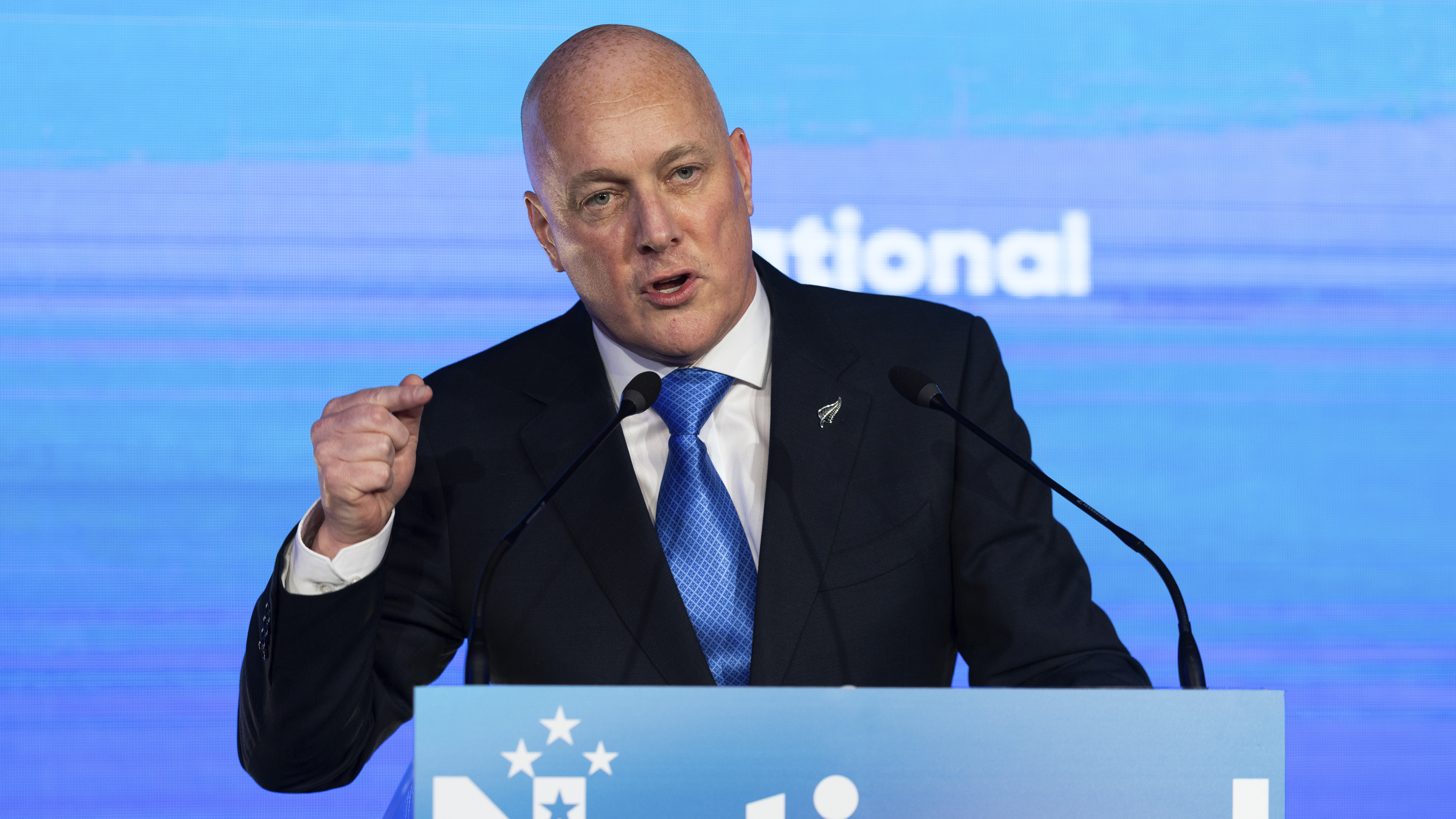 New Zealand National Party leader and Prime Minister elect Christopher Luxon speaks to supporters at a party event in Auckland on Saturday.