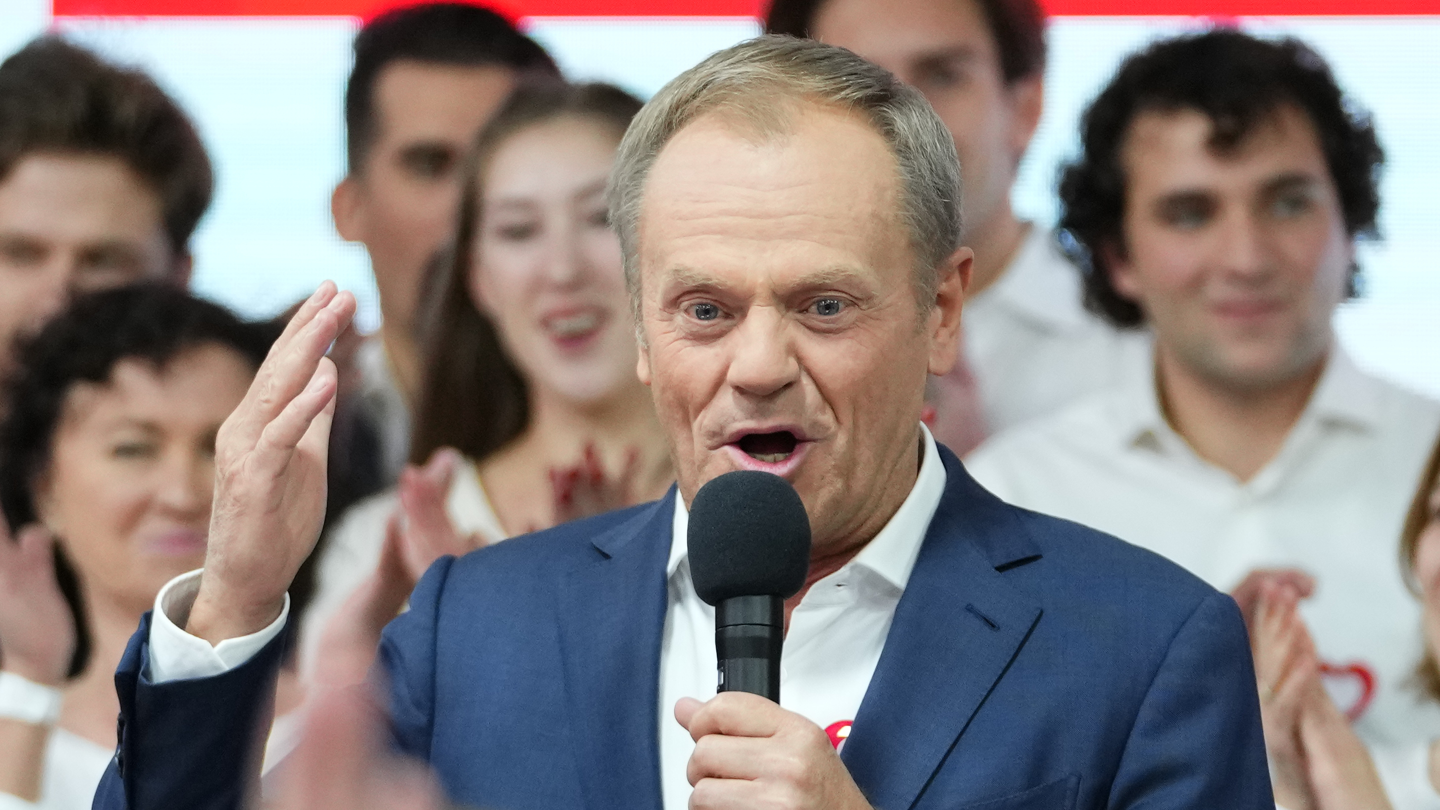 Donald Tusk, a former Polish prime minister addresses supporters at his party headquarters in Warsaw, Poland, Sunday, Oct. 15, 2023.